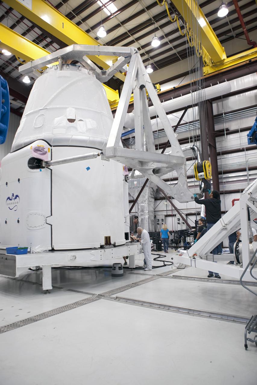 A Space Exploration Technologies, or SpaceX, Dragon spacecraft is being prepared for the company's first Commercial Resupply Services, or CRS-1, mission to the International Space Station. The capsule is scheduled to lift off on Oct. 7, 2012 from Space Launch Complex 40 at Cape Canaveral Air Force Station in Florida aboard a Falcon 9 rocket. The mission will be the company's second demonstration test flight for NASA's Commercial Orbital Transportation Services Program, or COTS. The SpaceX CRS contract with NASA provides for 12 cargo resupply missions to the station through 2015, the first of which is targeted to launch in October 2012.SpaceX became the first private company to berth a spacecraft with the space station in 2012 during its final demonstration flight under the Commercial Orbital Transportation Services, or COTS, program managed by NASA's Johnson Space Center in Houston. For more information, visit http://www.nasa.gov/mission_pages/station/living/launch/index.htmlPhoto credit: NASA/Ben Smegelsky