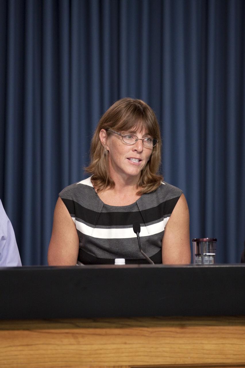 CAPE CANAVERAL, Fla. -- Sheila Nielsen-Preiss, cell biologist at Montana State University, participates in a space station and mission science briefing in NASA Kennedy Space Center's Press Site auditorium in Florida.    The briefing provided media with an overview of the experiments and payloads scheduled for launch on NASA's first Commercial Resupply Services, or CRS-1, mission to the International Space Station. Space Exploration Technologies Corp., or SpaceX, built both the mission's Falcon 9 rocket and Dragon capsule. Launch is scheduled for 8:35 p.m. EDT on Oct. 7 from Space Launch Complex 40 on Cape Canaveral Air Force Station.  SpaceX CRS-1 is an important step toward making America’s microgravity research program self-sufficient by providing a way to deliver and return significant amounts of cargo, including science experiments, to and from the orbiting laboratory. NASA has contracted for 12 commercial resupply flights from SpaceX and eight from the Orbital Sciences Corp. For more information, visit http://www.nasa.gov/mission_pages/station/living/launch/index.html.  Photo credit: NASA/Kim Shiflett