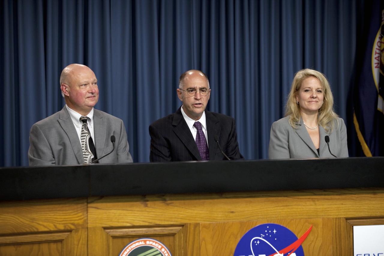CAPE CANAVERAL, Fla. -- Sam Scimemi, director of International Space Station at NASA Headquarters, addresses news and social media representatives during a post-launch news conference in the Press Site auditorium at NASA's Kennedy Space Center in Florida following the successful launch of NASA's first Commercial Resupply Services, or CRS-1, mission to the International Space Station.  Also participating in the conference are Michael Curie, at left, NASA Public Affairs, and Gwynne Shotwell, at right, president of Space Exploration Technologies Corp., or SpaceX.    SpaceX built both the Falcon 9 rocket and Dragon capsule that launched at 8:35 p.m. EDT from Space Launch Complex 40 on Cape Canaveral Air Force Station. SpaceX CRS-1 is an important step toward making America’s microgravity research program self-sufficient by providing a way to deliver and return significant amounts of cargo, including science experiments, to and from the orbiting laboratory. NASA has contracted for 12 commercial resupply flights from SpaceX and eight from the Orbital Sciences Corp. For more information, visit http://www.nasa.gov/mission_pages/station/living/launch/index.html. Photo credit: NASA/Kim Shiflett