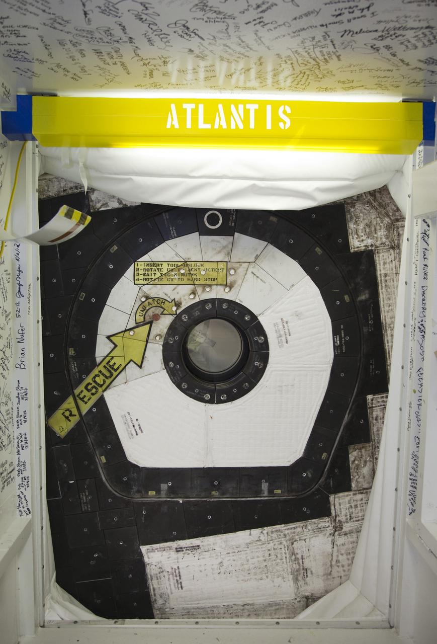 CAPE CANAVERAL, Fla. - Inside Orbiter Processing Facility-2 at NASA’s Kennedy Space Center in Florida, space shuttle Atlantis’ crew hatch has been closed and sealed for the final time.    The orbiter is undergoing final preparations for its transfer to the Kennedy Space Center Visitor complex targeted for Nov. 2. The work is part of Transition and Retirement of the remaining shuttle. Atlantis is being prepared for public display at the visitor complex. Over the course of its 26-year career, Atlantis spent 293 days in space during 33 missions. For more information, visit http://www.nasa.gov/transition. Photo credit: NASA/Frankie Martin