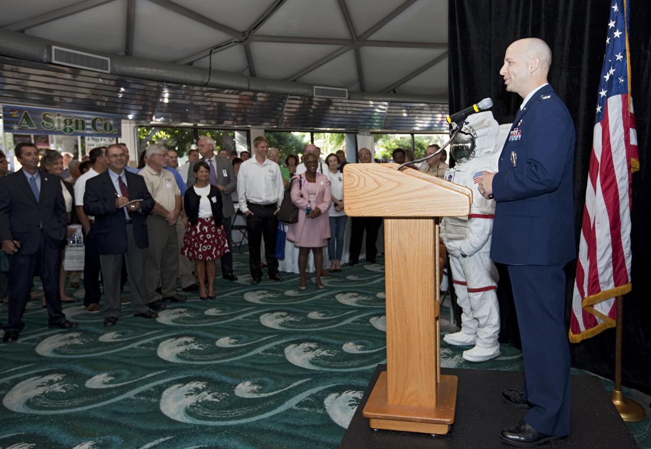PORT CANAVERAL, Fla. – Col. Rory Welch, vice commander for the 45th Space Wing at Patrick Air Force Base, spoke during opening ceremonies at the Historically Underutilized Business Zone, or HUBZone, Industry Day and Expo 2012.      The event was hosted for business leaders who are interested in learning about government contracting opportunities and what local and national vendors have to offer. The expo was held in Cruise Terminal 4 at Port Canaveral, Fla. The annual trade show is sponsored by Kennedy's Prime Contractor Board, the U.S. Air Force 45th Space Wing and the Canaveral Port Authority. It featured about 175 large and small businesses and government exhibitors from Brevard County and across the nation. Photo credit: NASA/ Kim Shiflett