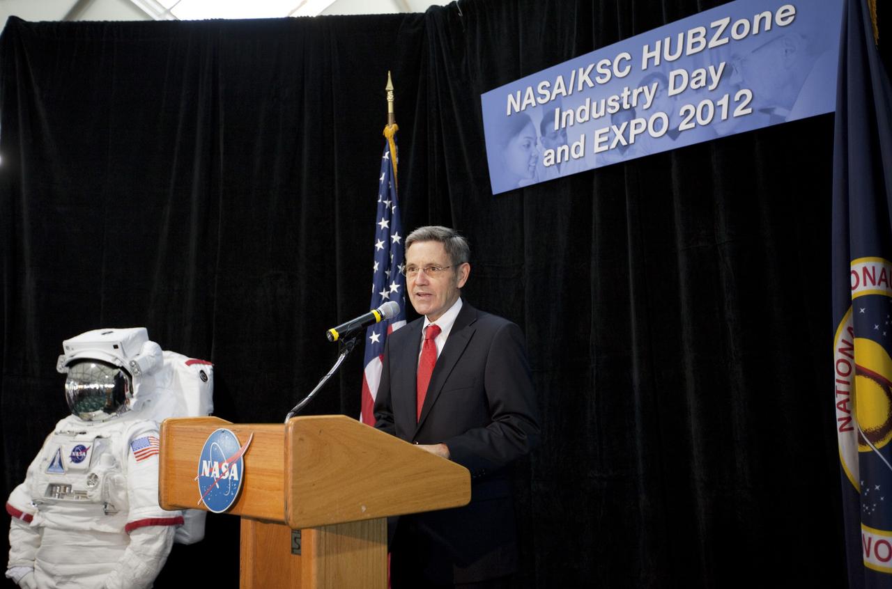 PORT CANAVERAL, Fla. – Bob Cabana, director of the Kennedy Space Center in Florida, spoke during opening ceremonies at the Historically Underutilized Business Zone, or HUBZone, Industry Day and Expo 2012.      The event was hosted for business leaders who are interested in learning about government contracting opportunities and what local and national vendors have to offer. The expo was held in Cruise Terminal 4 at Port Canaveral, Fla. The annual trade show is sponsored by Kennedy's Prime Contractor Board, the U.S. Air Force 45th Space Wing and the Canaveral Port Authority. It featured about 175 large and small businesses and government exhibitors from Brevard County and across the nation. Photo credit: NASA/ Kim Shiflett