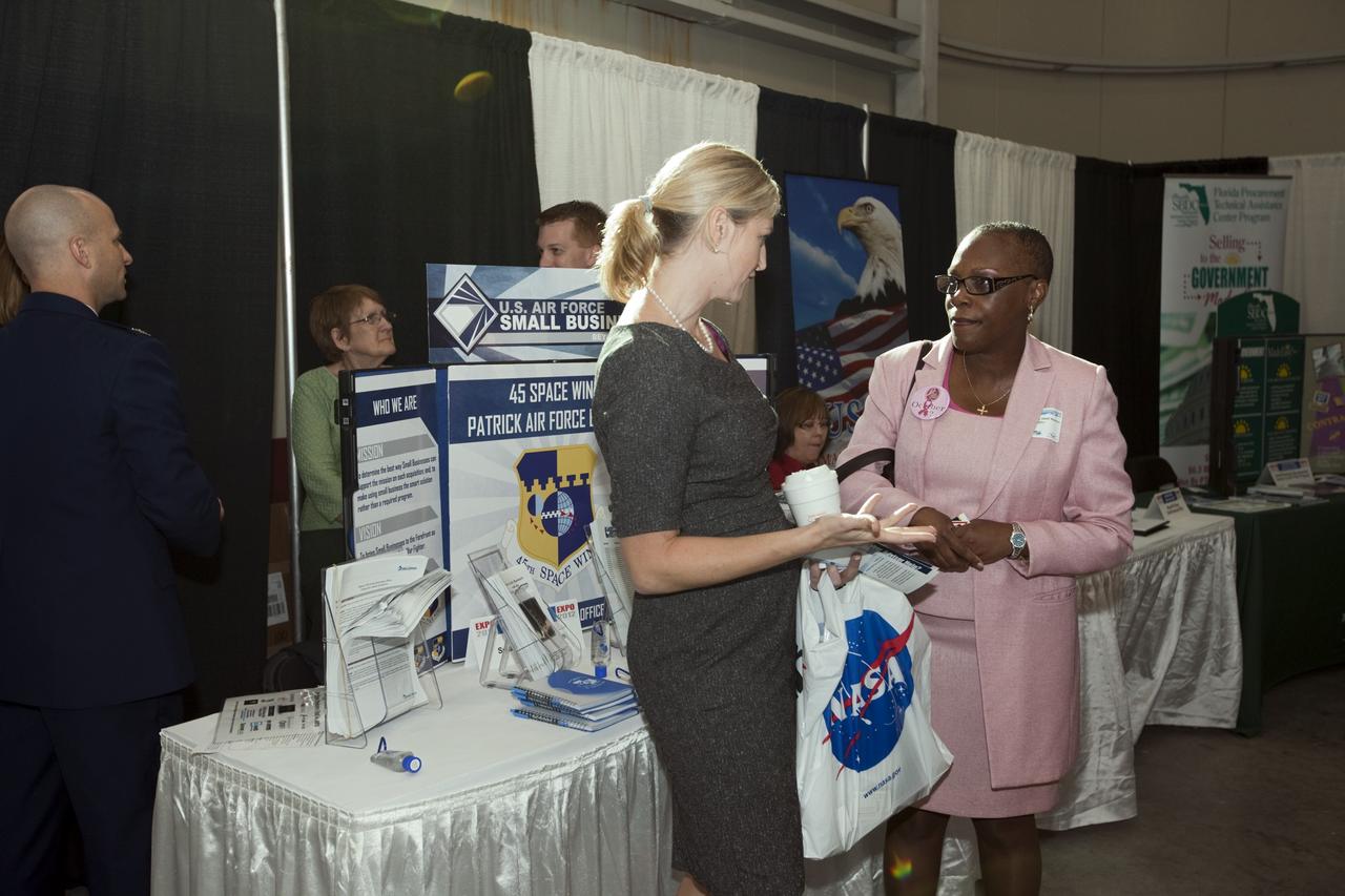 PORT CANAVERAL, Fla. – Local business representatives attended NASA's Historically Underutilized Business Zone, or HUBZone, Industry Day and Expo 2012 on Oct. 16. Exhibitors included vendors from product and service areas, such as engineering services, computer technology, communication equipment and services, and construction and safety products.      The event was hosted for business leaders who are interested in learning about government contracting opportunities and what local and national vendors have to offer. The expo was held in Cruise Terminal 4 at Port Canaveral, Fla. The annual trade show is sponsored by Kennedy's Prime Contractor Board, the U.S. Air Force 45th Space Wing and the Canaveral Port Authority. It featured about 175 large and small businesses and government exhibitors from Brevard County and across the nation. Photo credit: NASA/ Kim Shiflett