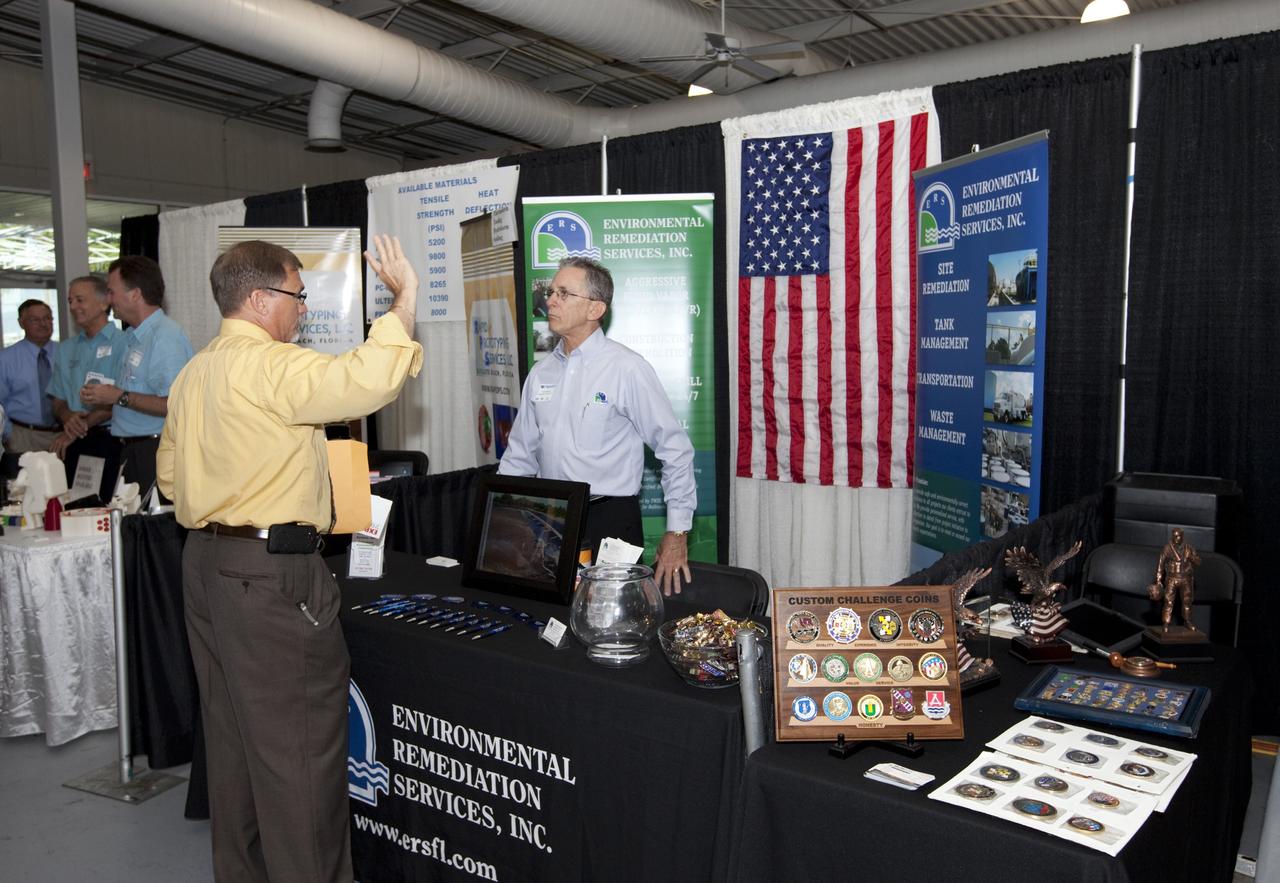 PORT CANAVERAL, Fla. – Local business representatives attended NASA's Historically Underutilized Business Zone, or HUBZone, Industry Day and Expo 2012 on Oct. 16. Exhibitors included vendors from product and service areas, such as engineering services, computer technology, communication equipment and services, and construction and safety products.      The event was hosted for business leaders who are interested in learning about government contracting opportunities and what local and national vendors have to offer. The expo was held in Cruise Terminal 4 at Port Canaveral, Fla. The annual trade show is sponsored by Kennedy's Prime Contractor Board, the U.S. Air Force 45th Space Wing and the Canaveral Port Authority. It featured about 175 large and small businesses and government exhibitors from Brevard County and across the nation. Photo credit: NASA/ Kim Shiflett