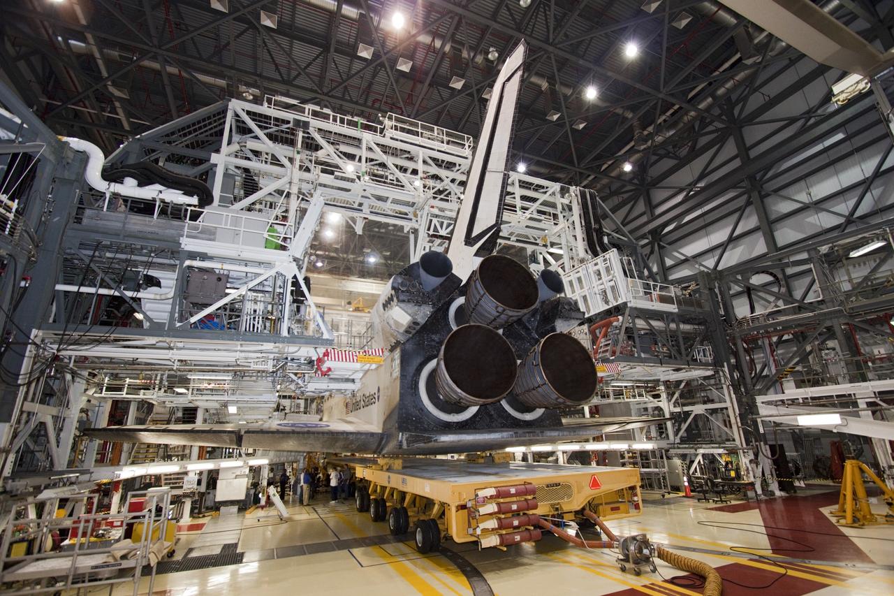 CAPE CANAVERAL, Fla. – Space shuttle Atlantis is prepared for its move from Orbiter Processing Facility-2 to the Vehicle Assembly Building at NASA's Kennedy Space Center in Florida. Atlantis will be moved to the Kennedy Space Center Visitor Complex in November where it will be put on public display. Photo credit: NASA/Jim Grossmann