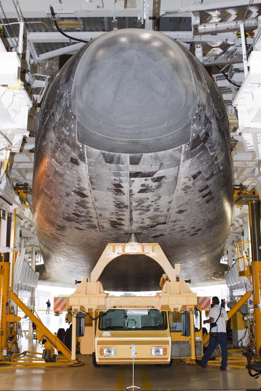 CAPE CANAVERAL, Fla. – Space shuttle Atlantis is prepared for its move from Orbiter Processing Facility-2 to the Vehicle Assembly Building at NASA's Kennedy Space Center in Florida. Atlantis will be moved to the Kennedy Space Center Visitor Complex in November where it will be put on public display. Photo credit: NASA/Jim Grossmann