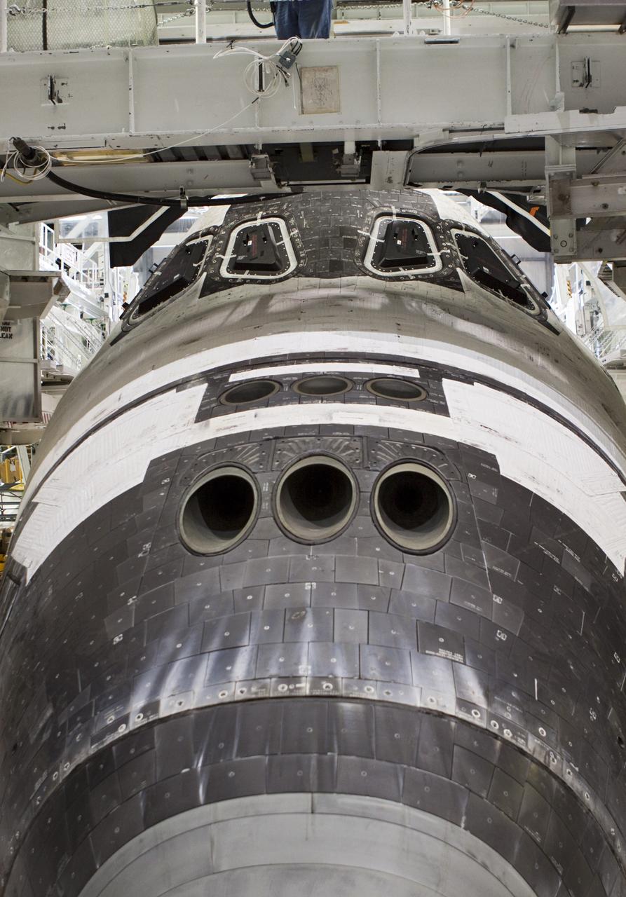 CAPE CANAVERAL, Fla. – Space shuttle Atlantis is prepared for its move from Orbiter Processing Facility-2 to the Vehicle Assembly Building at NASA's Kennedy Space Center in Florida. Atlantis will be moved to the Kennedy Space Center Visitor Complex in November where it will be put on public display. Photo credit: NASA/Jim Grossmann