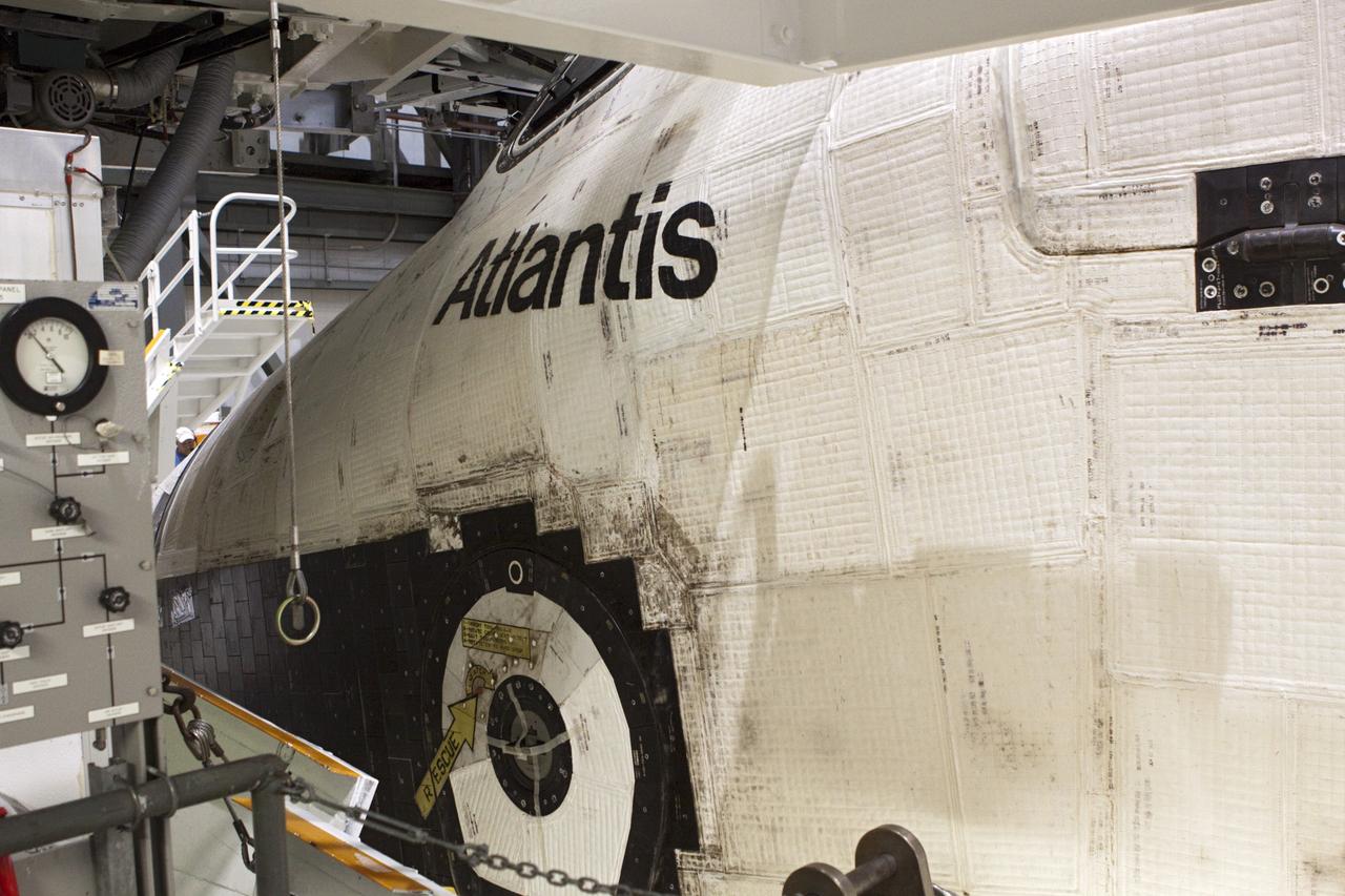CAPE CANAVERAL, Fla. – Space shuttle Atlantis is prepared for its move from Orbiter Processing Facility-2 to the Vehicle Assembly Building at NASA's Kennedy Space Center in Florida. Atlantis will be moved to the Kennedy Space Center Visitor Complex in November where it will be put on public display. Photo credit: NASA/Jim Grossmann