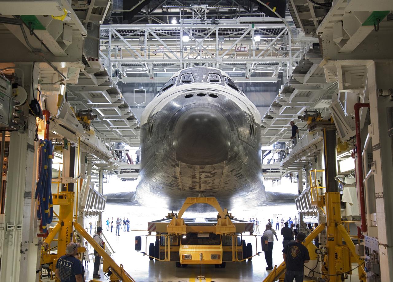 CAPE CANAVERAL, Fla. – Space shuttle Atlantis moves from Orbiter Processing Facility-2 to the Vehicle Assembly Building at NASA's Kennedy Space Center in Florida. Atlantis will be moved to the Kennedy Space Center Visitor Complex in November where it will be put on public display. Photo credit: NASA/Jim Grossmann