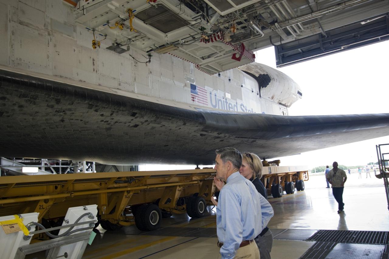 CAPE CANAVERAL, Fla. – Center Director Robert Cabana watches as space shuttle Atlantis moves from Orbiter Processing Facility-2 to the Vehicle Assembly Building at NASA's Kennedy Space Center in Florida. Atlantis will be moved to the Kennedy Space Center Visitor Complex in November where it will be put on public display. Photo credit: NASA/Jim Grossmann