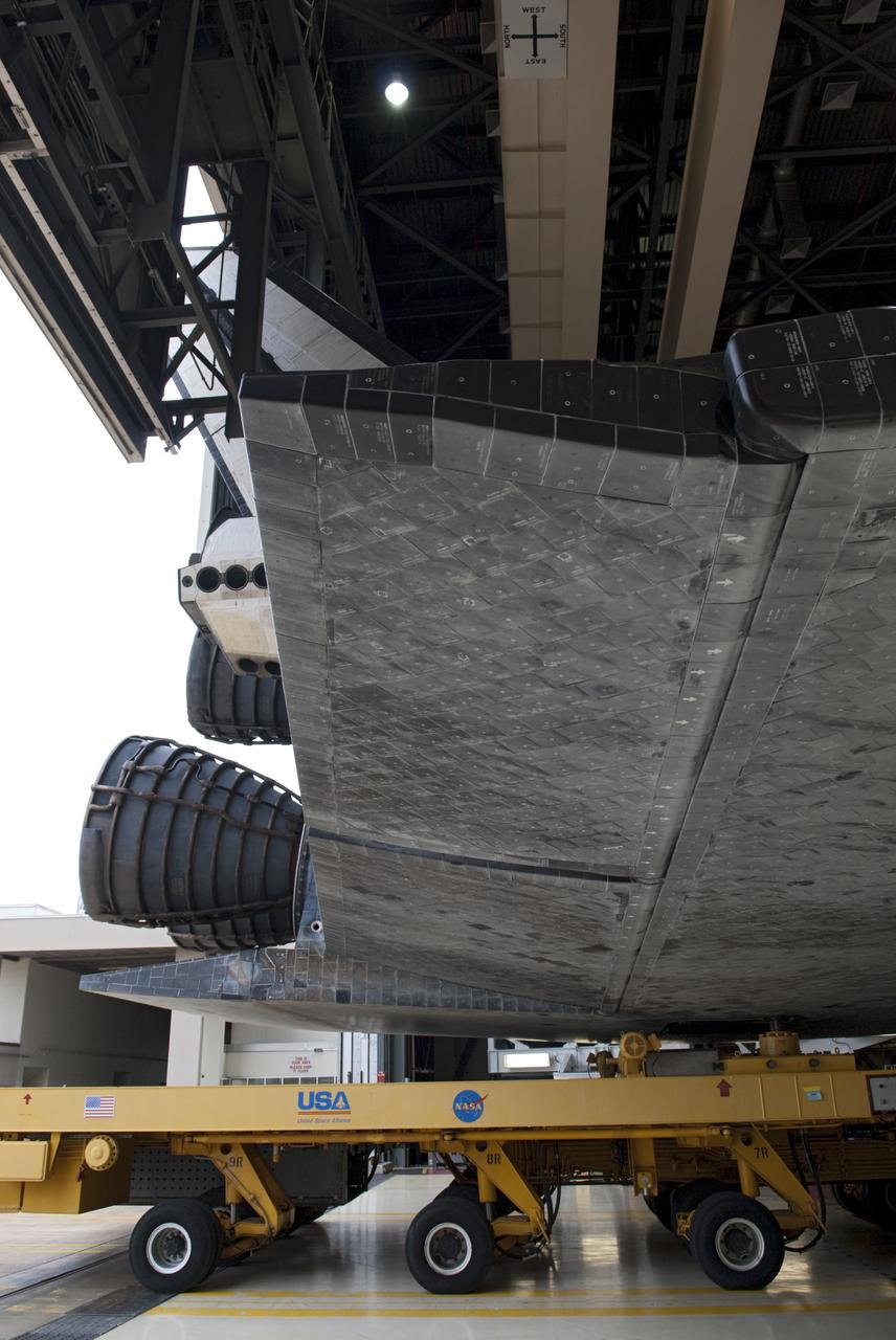 CAPE CANAVERAL, Fla. -- Space shuttle Atlantis moves from Orbiter Processing Facility-2 to the Vehicle Assembly Building at NASA's Kennedy Space Center in Florida. Atlantis will be moved to the Kennedy Space Center Visitor Complex in November where it will be put on public display. Photo credit: NASA/Tim Jacobs
