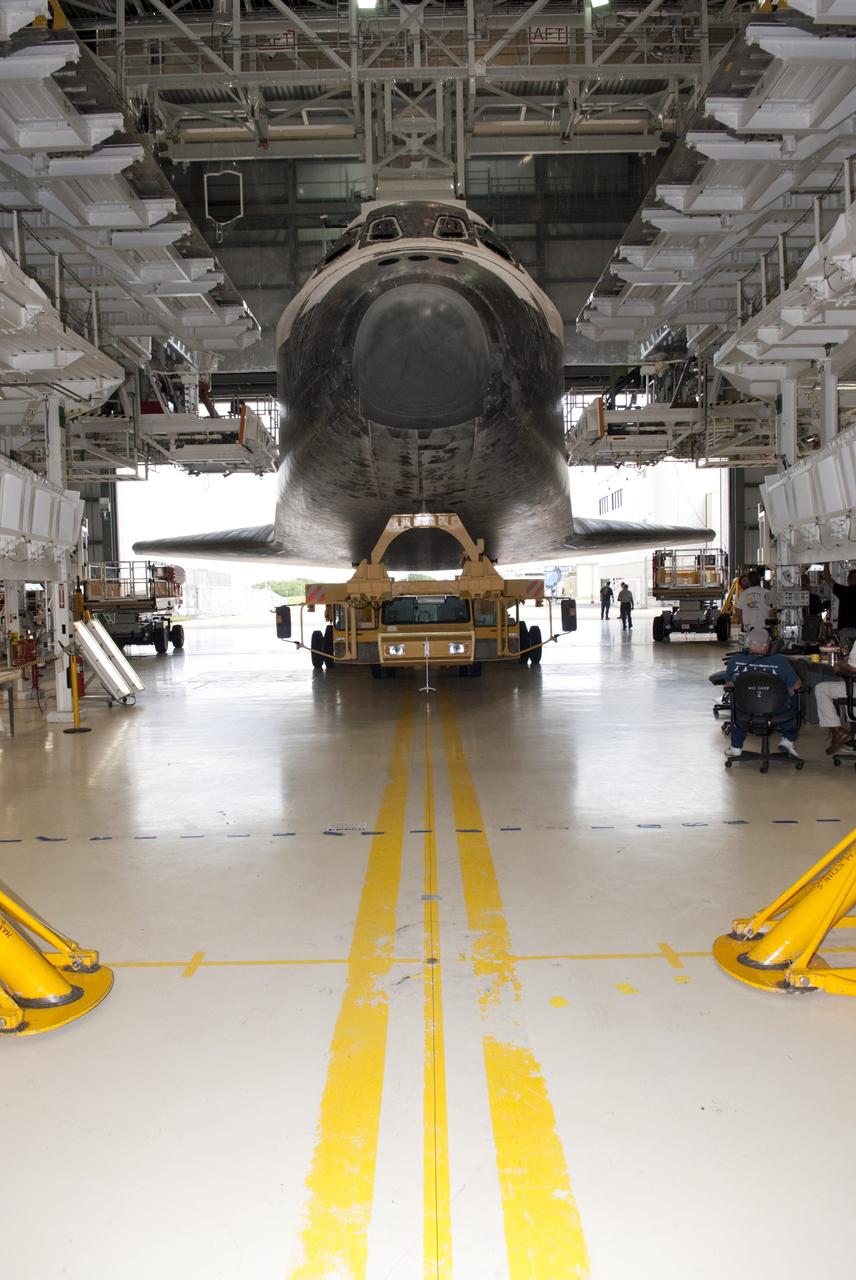 CAPE CANAVERAL, Fla. -- Space shuttle Atlantis moves from Orbiter Processing Facility-2 to the Vehicle Assembly Building at NASA's Kennedy Space Center in Florida. Atlantis will be moved to the Kennedy Space Center Visitor Complex in November where it will be put on public display. Photo credit: NASA/Tim Jacobs