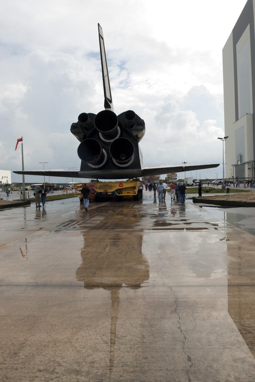 CAPE CANAVERAL, Fla. -- Space shuttle Atlantis moves from Orbiter Processing Facility-2 to the Vehicle Assembly Building at NASA's Kennedy Space Center in Florida. Atlantis will be moved to the Kennedy Space Center Visitor Complex in November where it will be put on public display. Photo credit: NASA/Tim Jacobs
