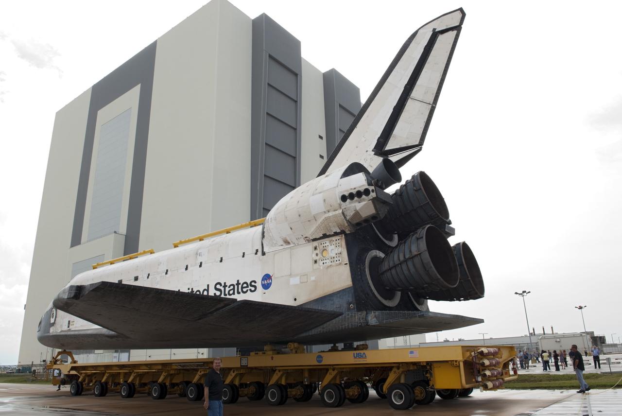 CAPE CANAVERAL, Fla. -- Space shuttle Atlantis moves from Orbiter Processing Facility-2 to the Vehicle Assembly Building at NASA's Kennedy Space Center in Florida. Atlantis will be moved to the Kennedy Space Center Visitor Complex in November where it will be put on public display. Photo credit: NASA/Tim Jacobs
