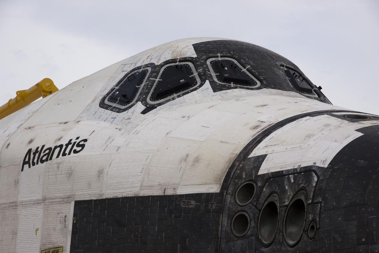 CAPE CANAVERAL, Fla. – A close-up of Atlantis as the space shuttle moves from Orbiter Processing Facility-2 to the Vehicle Assembly Building at NASA's Kennedy Space Center in Florida. Atlantis will be moved to the Kennedy Space Center Visitor Complex in November where it will be placed on public display. Photo credit: NASA/Jim Grossmann