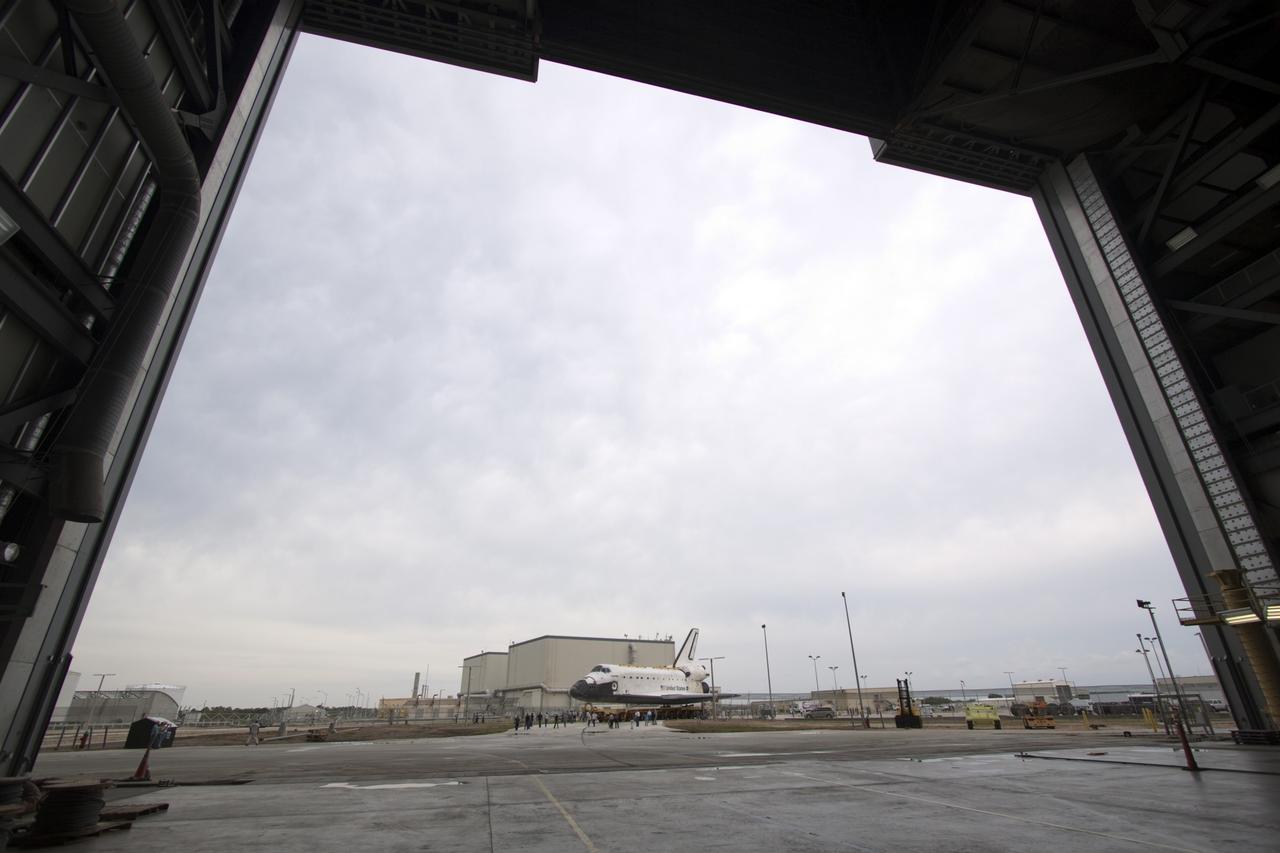 CAPE CANAVERAL, Fla. – The Vehicle Assembly Building at NASA's Kennedy Space Center in Florida awaits the arrival of the space shuttle Atlantis as it moves from Orbiter Processing Facility-2. Atlantis will be moved to the Kennedy Space Center Visitor Complex in November where it will be placed on public display. Photo credit: NASA/Jim Grossmann