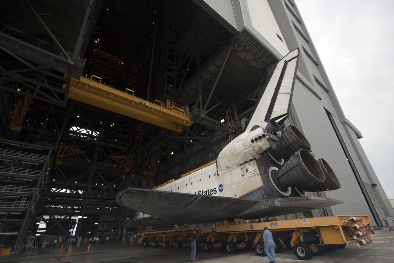 CAPE CANAVERAL, Fla. – Space shuttle Atlantis moves into the Vehicle Assembly Building from Orbiter Processing Facility-2 at NASA's Kennedy Space Center in Florida. Atlantis will be moved to the Kennedy Space Center Visitor Complex in November where it will be placed on public display. Photo credit: NASA/Jim Grossmann