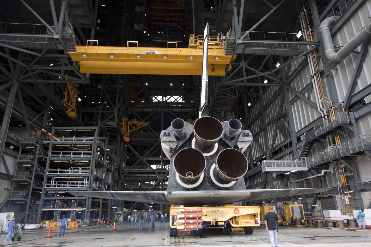 CAPE CANAVERAL, Fla. – Space shuttle Atlantis moves into the Vehicle Assembly Building from Orbiter Processing Facility-2 at NASA's Kennedy Space Center in Florida. Atlantis will be moved to the Kennedy Space Center Visitor Complex in November where it will be placed on public display. Photo credit: NASA/Jim Grossmann