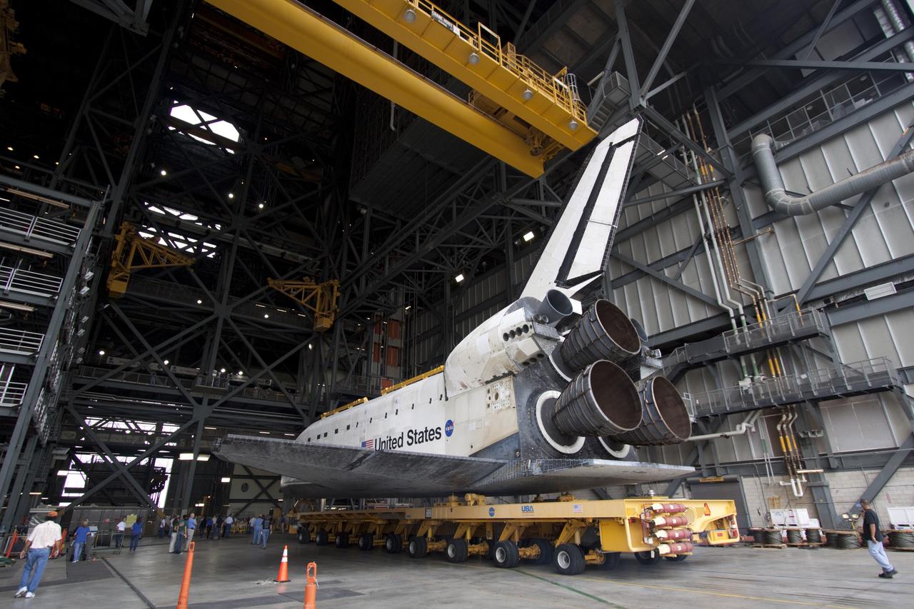 CAPE CANAVERAL, Fla. – Space shuttle Atlantis moves into the Vehicle Assembly Building from Orbiter Processing Facility-2 at NASA's Kennedy Space Center in Florida. Atlantis will be moved to the Kennedy Space Center Visitor Complex in November where it will be placed on public display. Photo credit: NASA/Jim Grossmann