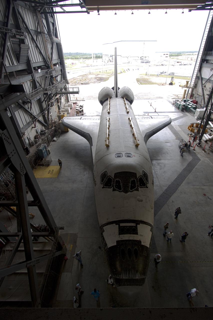 CAPE CANAVERAL, Fla. – Space shuttle Atlantis moves into the Vehicle Assembly Building from Orbiter Processing Facility-2 at NASA's Kennedy Space Center in Florida. Atlantis will be moved to the Kennedy Space Center Visitor Complex in November where it will be placed on public display. Photo credit: NASA/Jim Grossmann