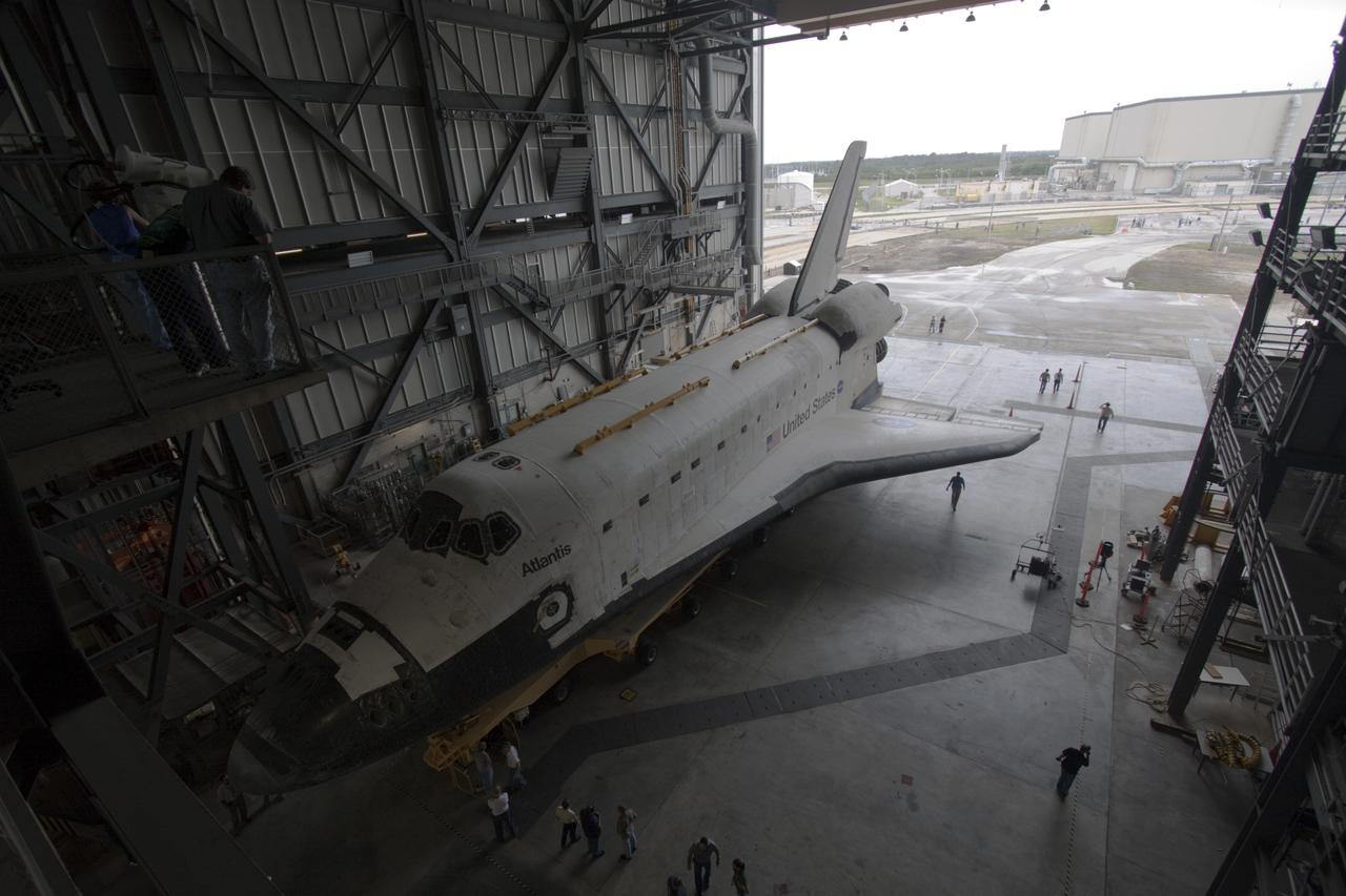 CAPE CANAVERAL, Fla. – Space shuttle Atlantis moves into the Vehicle Assembly Building from Orbiter Processing Facility-2 at NASA's Kennedy Space Center in Florida. Atlantis will be moved to the Kennedy Space Center Visitor Complex in November where it will be placed on public display. Photo credit: NASA/Jim Grossmann