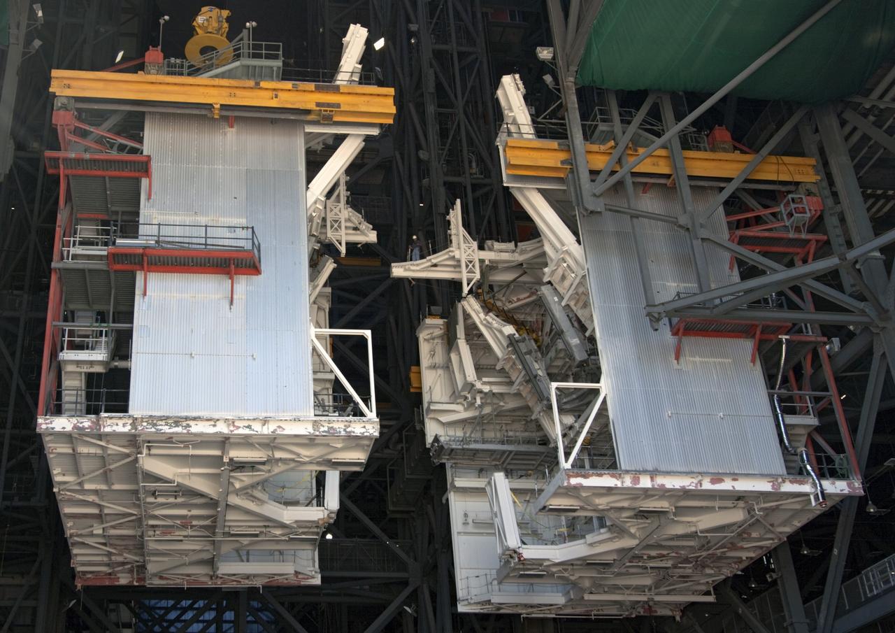 CAPE CANAVERAL, Fla. – As part of NASA's Ground Systems Development and Operations Program at the Kennedy Space Center in Florida, a large space shuttle-era work platform is being removed from high bay 3 of the Vehicle Assembly Building, or VAB. The work is part of a center-wide modernization and refurbishment initiative to accommodate NASA’s Space Launch System and a variety of other spacecraft instead of the whole building supporting one design. The Ground Systems Development and Operations Program is developing the necessary ground systems, infrastructure and operational approaches required to safely process, assemble, transport and launch the next generation of rockets and spacecraft in support of NASA’s exploration objectives. Future work also will replace the antiquated communications, power and vehicle access resources with modern efficient systems. Some of the utilities and systems slated for replacement have been used since the VAB opened in 1965. For more information, visit http://www.nasa.gov/exploration/systems/ground/index.html Photo credit: NASA/Jim Grossmann