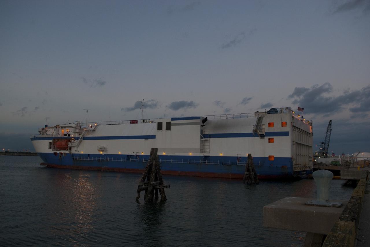 PORT CANAVERAL, Fla. – The United Launch Alliance barge Delta Mariner arrives at Port Canaveral, Fla. delivering the Centaur stage of the launch vehicle that will boost the Tracking and Data Relay Satellite-K, or TDRS-K, into Earth orbit atop an Atlas V rocket. After off-loading, the Centaur will be transported to the Atlas Spaceflight Operations Center, or ASOC, at Cape Canaveral Air Force Station to begin processing.      The TDRS-K spacecraft is part of the next-generation series in the Tracking and Data Relay Satellite System, a constellation of space-based communication satellites providing tracking, telemetry, command and high-bandwidth data return services. For more information, visit http://tdrs.gsfc.nasa.gov/ Photo credit: NASA/Charisse Nahser