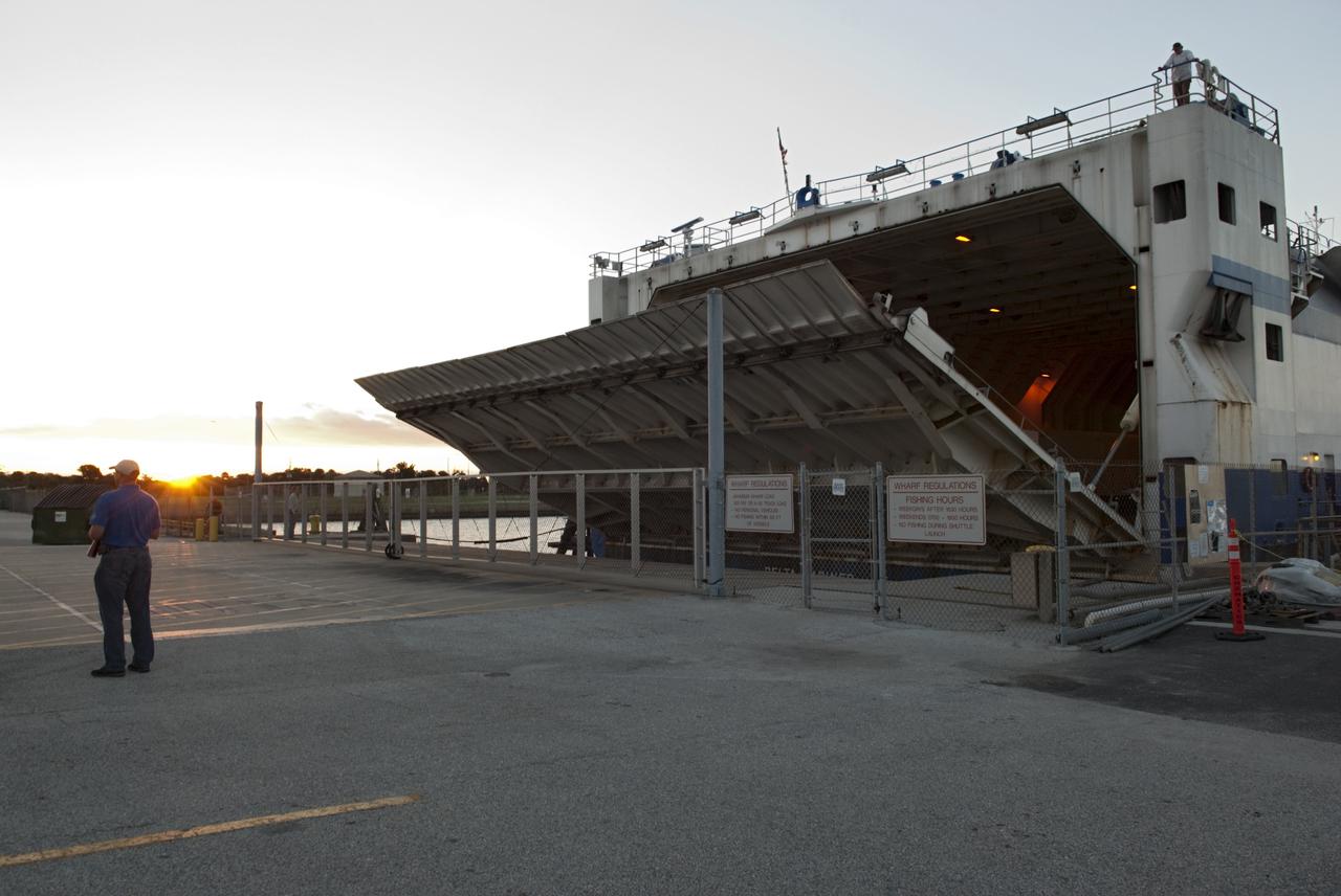 PORT CANAVERAL, Fla. – The United Launch Alliance barge Delta Mariner arrives at Port Canaveral, Fla. delivering the Centaur stage of the launch vehicle that will boost the Tracking and Data Relay Satellite-K, or TDRS-K, into Earth orbit atop an Atlas V rocket. After off-loading, the Centaur will be transported to the Atlas Spaceflight Operations Center, or ASOC, at Cape Canaveral Air Force Station to begin processing.      The TDRS-K spacecraft is part of the next-generation series in the Tracking and Data Relay Satellite System, a constellation of space-based communication satellites providing tracking, telemetry, command and high-bandwidth data return services. For more information, visit http://tdrs.gsfc.nasa.gov/ Photo credit: NASA/Charisse Nahser