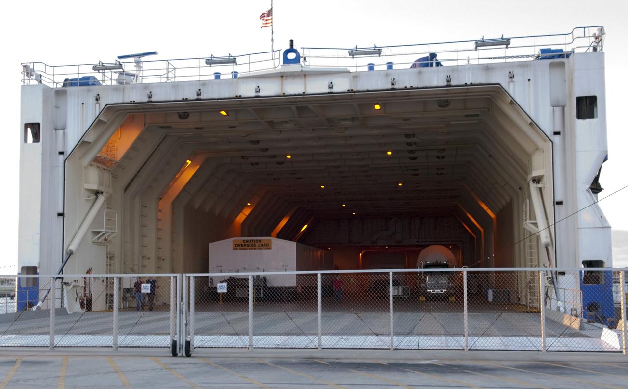PORT CANAVERAL, Fla. – The United Launch Alliance barge Delta Mariner arrives at Port Canaveral, Fla. delivering the Centaur stage of the launch vehicle that will boost the Tracking and Data Relay Satellite-K, or TDRS-K, into Earth orbit atop an Atlas V rocket. After off-loading, the Centaur will be transported to the Atlas Spaceflight Operations Center, ASOC, at Cape Canaveral Air Force Station to begin processing.       The TDRS-K spacecraft is part of the next-generation series in the Tracking and Data Relay Satellite System, a constellation of space-based communication satellites providing tracking, telemetry, command and high-bandwidth data return services. For more information, visit http://tdrs.gsfc.nasa.gov/ Photo credit: NASA/Charisse Nahser