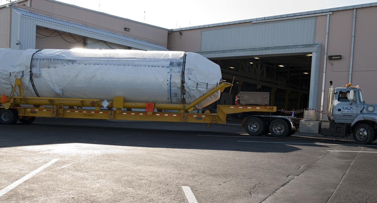 CAPE CANAVERAL, Fla. – A Centaur stage arrives the Atlas Spaceflight Operations Center, or ASOC, at Cape Canaveral Air Force Station to begin processing. The Centaur will be part of a launch vehicle that will boost the Tracking and Data Relay Satellite-K, or TDRS-K, into Earth orbit atop an Atlas V rocket. Lift off is scheduled for 11:57 p.m. on Dec. 13, 2012 from Space Launch Complex 41 at Cape Canaveral.      The TDRS-K spacecraft is part of the next-generation series in the Tracking and Data Relay Satellite System, a constellation of space-based communication satellites providing tracking, telemetry, command and high-bandwidth data return services. For more information, visit http://tdrs.gsfc.nasa.gov/ Photo credit: NASA/Charisse Nahser