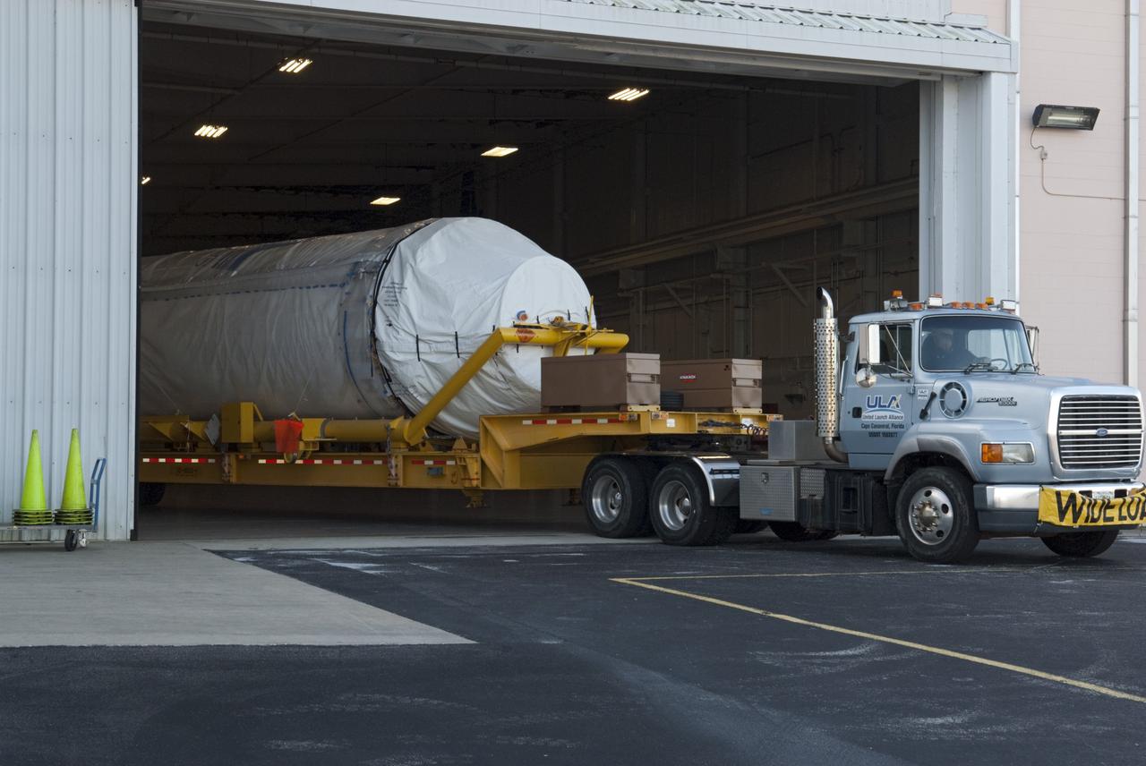 CAPE CANAVERAL, Fla. – A Centaur stage arrives the Atlas Spaceflight Operations Center, or ASOC, at Cape Canaveral Air Force Station to begin processing. The Centaur will be part of a launch vehicle that will boost the Tracking and Data Relay Satellite-K, or TDRS-K, into Earth orbit atop an Atlas V rocket. Lift off is scheduled for 11:57 p.m. on Dec. 13, 2012 from Space Launch Complex 41 at Cape Canaveral.      The TDRS-K spacecraft is part of the next-generation series in the Tracking and Data Relay Satellite System, a constellation of space-based communication satellites providing tracking, telemetry, command and high-bandwidth data return services. For more information, visit http://tdrs.gsfc.nasa.gov/ Photo credit: NASA/Charisse Nahser