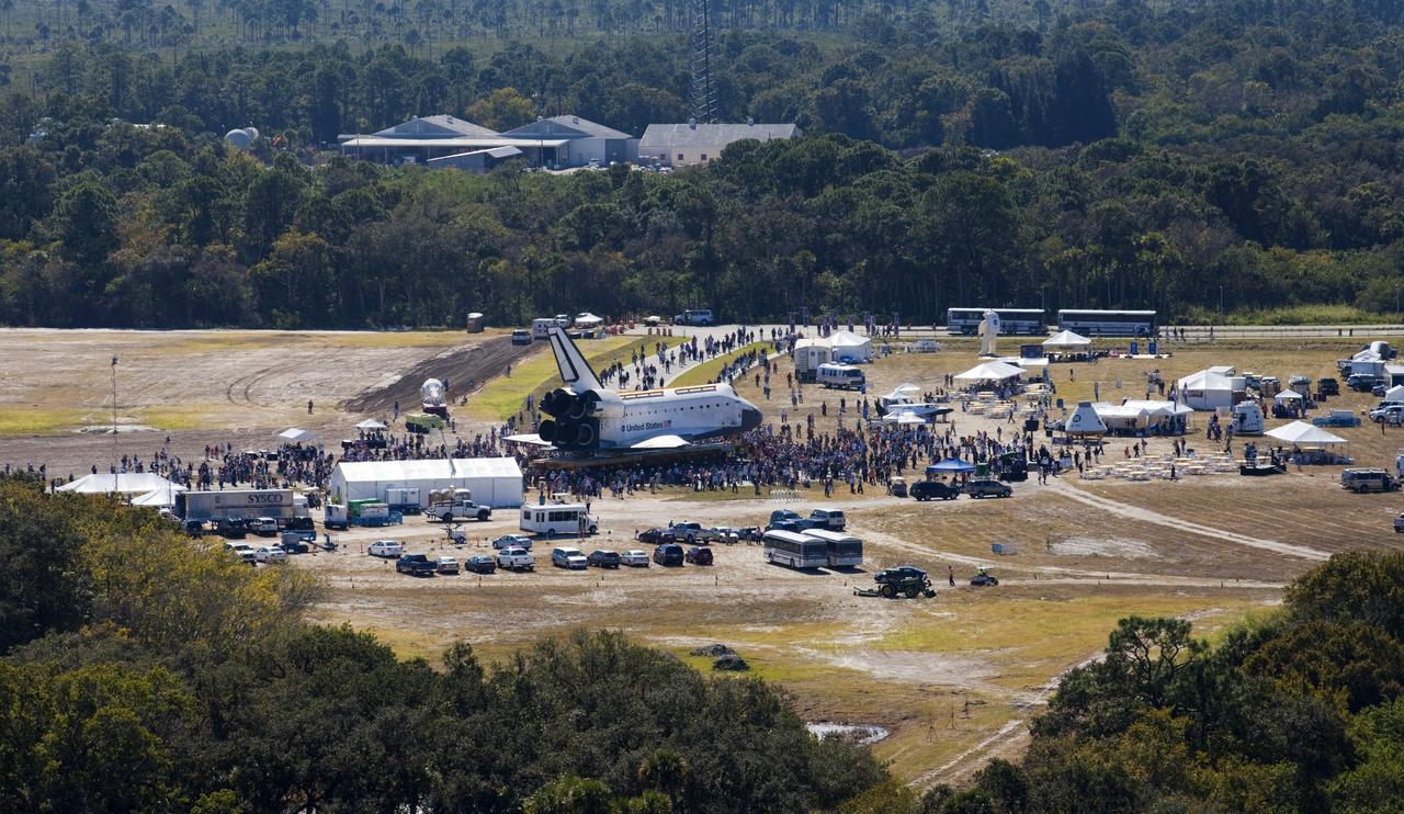 CAPE CANAVERAL, Fla. – At NASA's Kennedy Space Center in Florida, exhibits and displays are set up in Space Florida's Exploration Park at the site of space shuttle Atlantis' stop during its 10-mile journey from the Vehicle Assembly Building to the Kennedy Space Center Visitor Complex. Atlantis paused in the park for a viewing opportunity for visitor complex guests before completing the trip to its new home. As part of transition and retirement of the Space Shuttle Program, Atlantis will be displayed in a new exhibit hall at the visitor complex beginning in the summer of 2013. Over the course of its 26-year career, Atlantis traveled 125,935,769 miles, completing 33 missions during 307 days in space. For more information, visit http://www.nasa.gov/transition. Photo credit: NASA/Kim Shiflett
