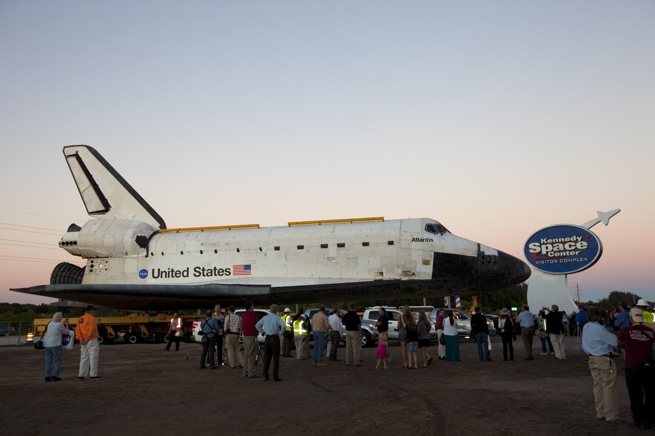 CAPE CANAVERAL, Fla. – The space shuttle Atlantis arrives at the Kennedy Space Center Visitor Complex following a 10-mile journey that began earlier in the day. As part of transition and retirement of the Space Shuttle Program, Atlantis is to be displayed at Kennedy's visitor complex beginning in the summer of 2013. Over the course of its 26-year career, Atlantis traveled 125,935,769 miles during 307 days in space over 33 missions. For more information, visit http://www.nasa.gov/transition. Photo credit: NASA/Kim Shiflett