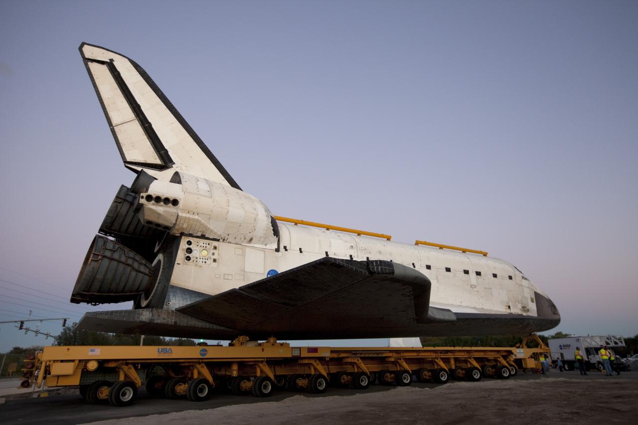 CAPE CANAVERAL, Fla. – The space shuttle Atlantis arrives at the Kennedy Space Center Visitor Complex following a 10-mile journey that began earlier in the day. As part of transition and retirement of the Space Shuttle Program, Atlantis is to be displayed at Kennedy's visitor complex beginning in the summer of 2013. Over the course of its 26-year career, Atlantis traveled 125,935,769 miles during 307 days in space over 33 missions. For more information, visit http://www.nasa.gov/transition. Photo credit: NASA/Kim Shiflett
