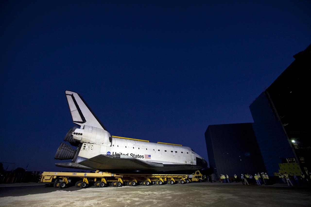 CAPE CANAVERAL, Fla. – The space shuttle Atlantis arrives at the Kennedy Space Center Visitor Complex following a 10-mile journey that began earlier in the day. As part of transition and retirement of the Space Shuttle Program, Atlantis is to be displayed at Kennedy's visitor complex beginning in the summer of 2013. Over the course of its 26-year career, Atlantis traveled 125,935,769 miles during 307 days in space over 33 missions. For more information, visit http://www.nasa.gov/transition. Photo credit: NASA/Kim Shiflett