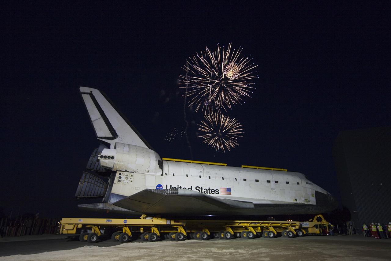 CAPE CANAVERAL, Fla. – Fireworks celebrate the arrival of the space shuttle Atlantis at the Kennedy Space Center Visitor Complex following a 10-mile journey. As part of transition and retirement of the Space Shuttle Program, Atlantis is to be displayed at Kennedy's visitor complex beginning in the summer of 2013. Over the course of its 26-year career, Atlantis traveled 125,935,769 miles during 307 days in space over 33 missions. For more information, visit http://www.nasa.gov/transition. Photo credit: NASA/Kim Shiflett