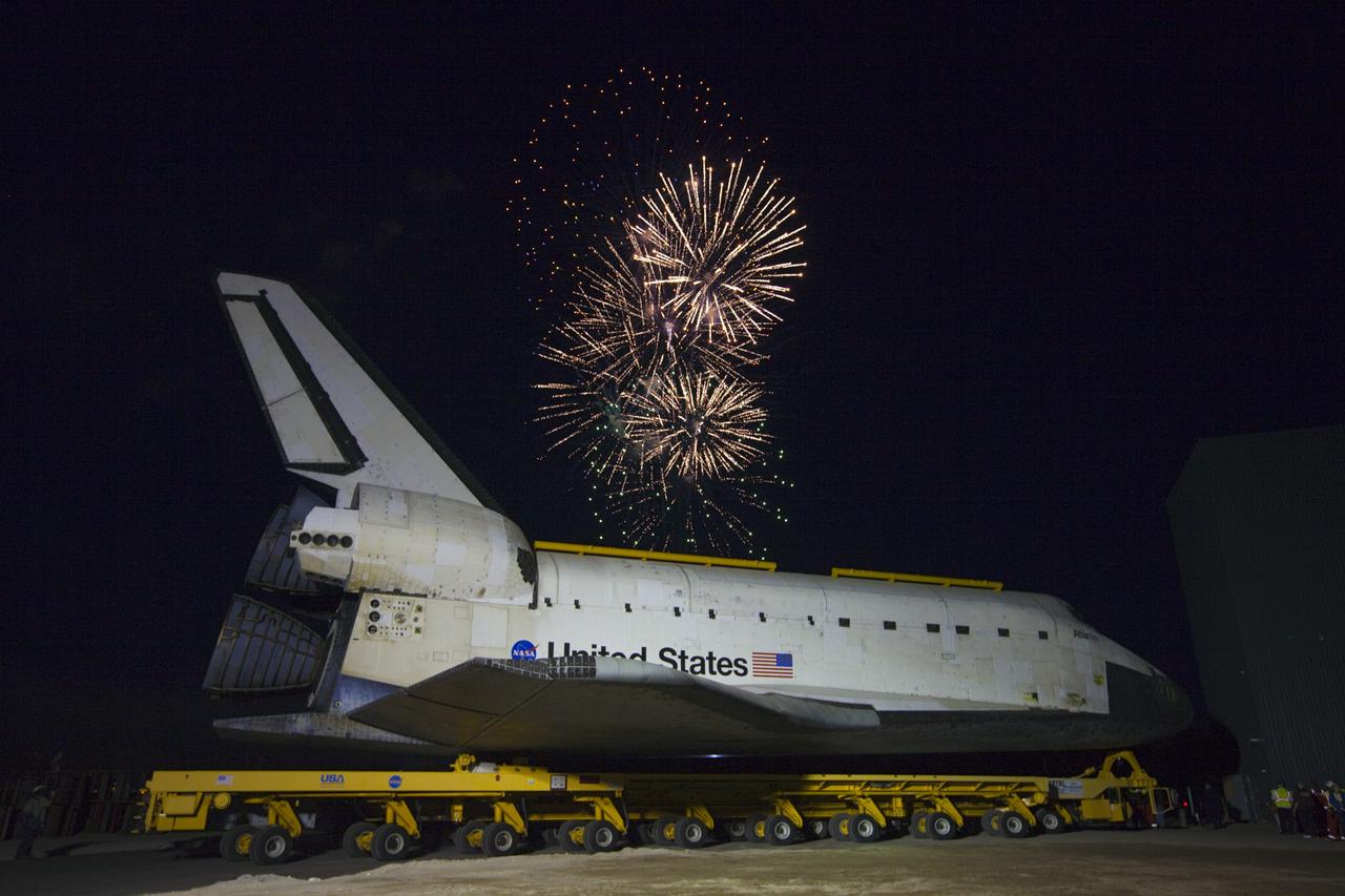 CAPE CANAVERAL, Fla. – Fireworks celebrate the arrival of the space shuttle Atlantis at the Kennedy Space Center Visitor Complex following a 10-mile journey. As part of transition and retirement of the Space Shuttle Program, Atlantis is to be displayed at Kennedy's visitor complex beginning in the summer of 2013. Over the course of its 26-year career, Atlantis traveled 125,935,769 miles during 307 days in space over 33 missions. For more information, visit http://www.nasa.gov/transition. Photo credit: NASA/Kim Shiflett