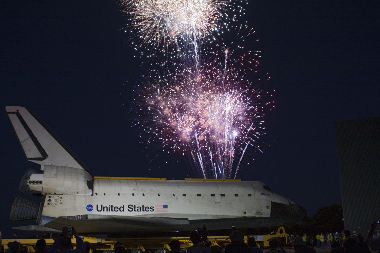 CAPE CANAVERAL, Fla. – Space shuttle Atlantis’ arrival at the Kennedy Space Center Visitor Complex in Florida is marked by celebration and fireworks. Atlantis made the 10-mile trip from Kennedy’s Vehicle Assembly Building to the visitor complex where it will be put on public display. As part of transition and retirement of the Space Shuttle Program, Atlantis will be displayed at Kennedy’s Visitor Complex beginning in the summer of 2013. Over the course of its 26-year career, Atlantis traveled 125,935,769 miles during 307 days in space over 33 missions. For more information, visit http://www.nasa.gov/transition. Photo credit: NASA/Jim Grossmann