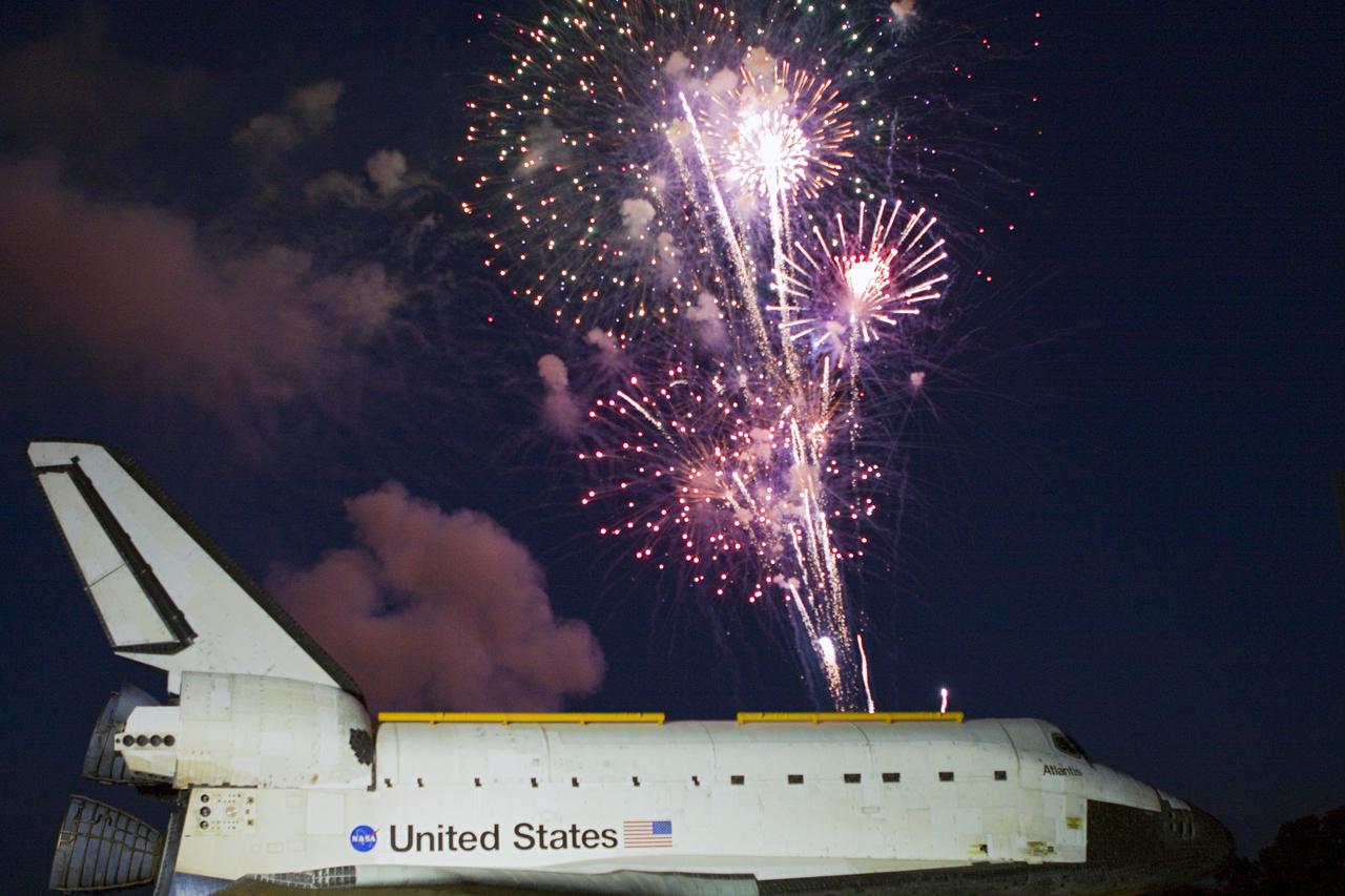 CAPE CANAVERAL, Fla. – Space shuttle Atlantis’ arrival at the Kennedy Space Center Visitor Complex in Florida is marked by celebration and fireworks. Atlantis made the 10-mile trip from Kennedy’s Vehicle Assembly Building to the visitor complex where it will be put on public display. As part of transition and retirement of the Space Shuttle Program, Atlantis will be displayed at Kennedy’s Visitor Complex beginning in the summer of 2013. Over the course of its 26-year career, Atlantis traveled 125,935,769 miles during 307 days in space over 33 missions. For more information, visit http://www.nasa.gov/transition. Photo credit: NASA/Jim Grossmann