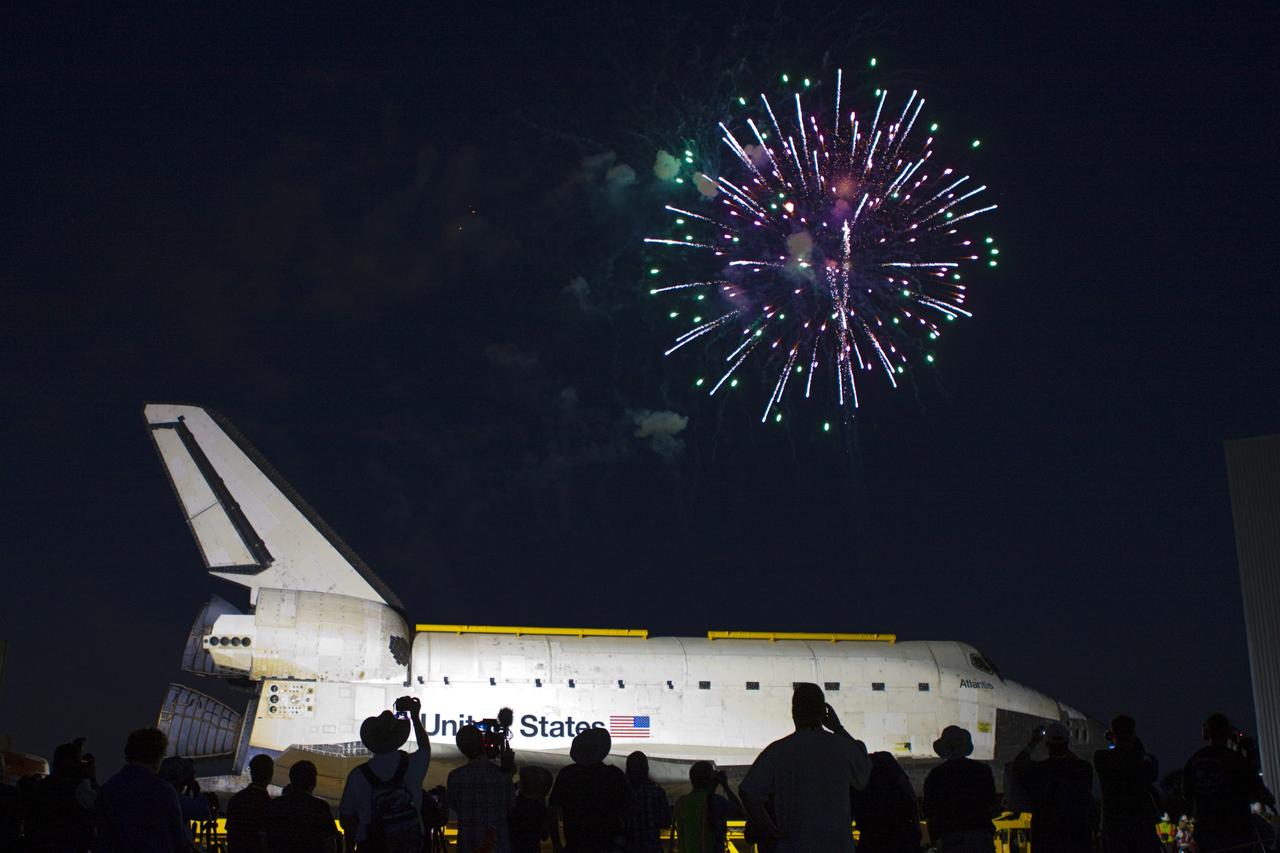 CAPE CANAVERAL, Fla. – Space shuttle Atlantis’ arrival at the Kennedy Space Center Visitor Complex in Florida is marked by celebration and fireworks. Atlantis made the 10-mile trip from Kennedy’s Vehicle Assembly Building to the visitor complex where it will be put on public display. As part of transition and retirement of the Space Shuttle Program, Atlantis will be displayed at Kennedy’s Visitor Complex beginning in the summer of 2013. Over the course of its 26-year career, Atlantis traveled 125,935,769 miles during 307 days in space over 33 missions. For more information, visit http://www.nasa.gov/transition. Photo credit: NASA/Jim Grossmann