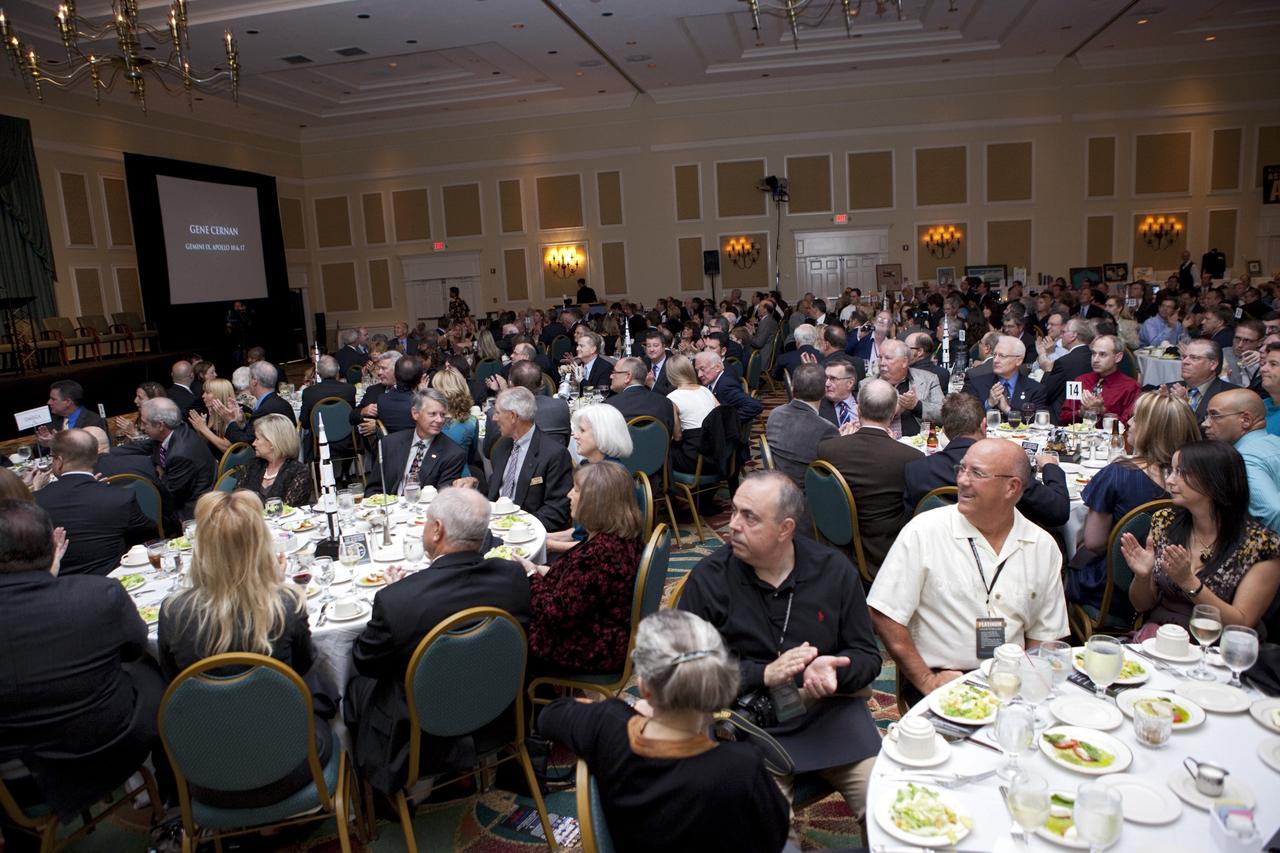 CAPE CANAVERAL, Fla. – Guests gather for the Astronaut Scholarship Foundation's dinner at the Radisson Resort at the Port in Cape Canaveral celebrating the 40th anniversary of Apollo 17.  The gala commemorating the anniversary of Apollo 17 included mission commander Eugene Cernan and other astronauts who flew Apollo missions. Launched Dec. 7, 1972, Cernan and lunar module pilot Harrison Schmitt landed in the moon's Taurus-Littrow highlands while command module pilot Ronald Evans remained in lunar orbit operating a scientific instrument module. For more information, visit http://www-pao.ksc.nasa.gov/history/apollo/apollo-17/apollo-17.htm Photo credit: NASA/Kim Shiflett