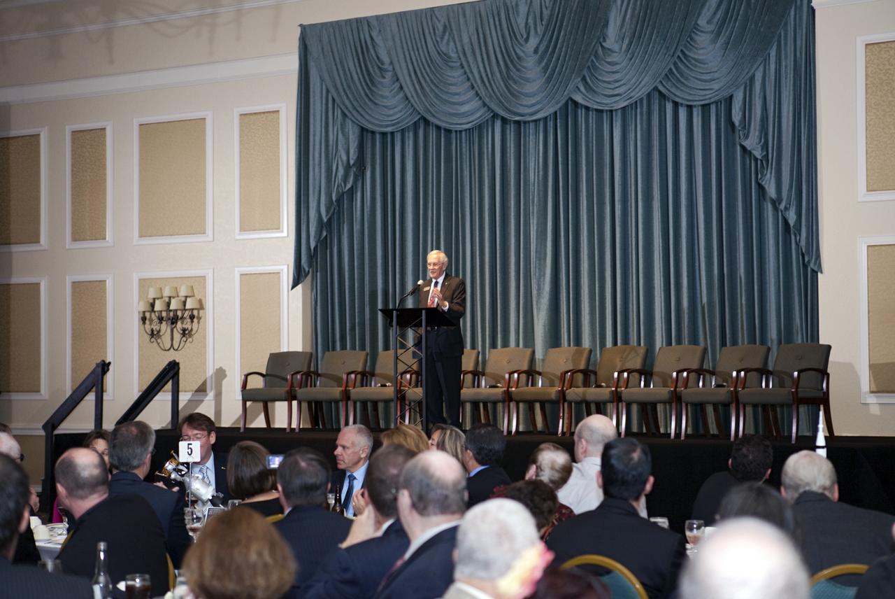 CAPE CANAVERAL, Fla. – Charles Duke, chairman of the board of directors for the Astronaut Scholarship Foundation welcomes guests who have gathered for the organization's dinner at the Radisson Resort at the Port in Cape Canaveral celebrating the 40th anniversary of Apollo 17. The gala commemorating the anniversary of Apollo 17 included mission commander Eugene Cernan and other astronauts who flew Apollo missions. Launched Dec. 7, 1972, Cernan and lunar module pilot Harrison Schmitt landed in the moon's Taurus-Littrow highlands while command module pilot Ronald Evans remained in lunar orbit operating a scientific instrument module. For more information, visit http://www-pao.ksc.nasa.gov/history/apollo/apollo-17/apollo-17.htm Photo credit: NASA/Kim Shiflett