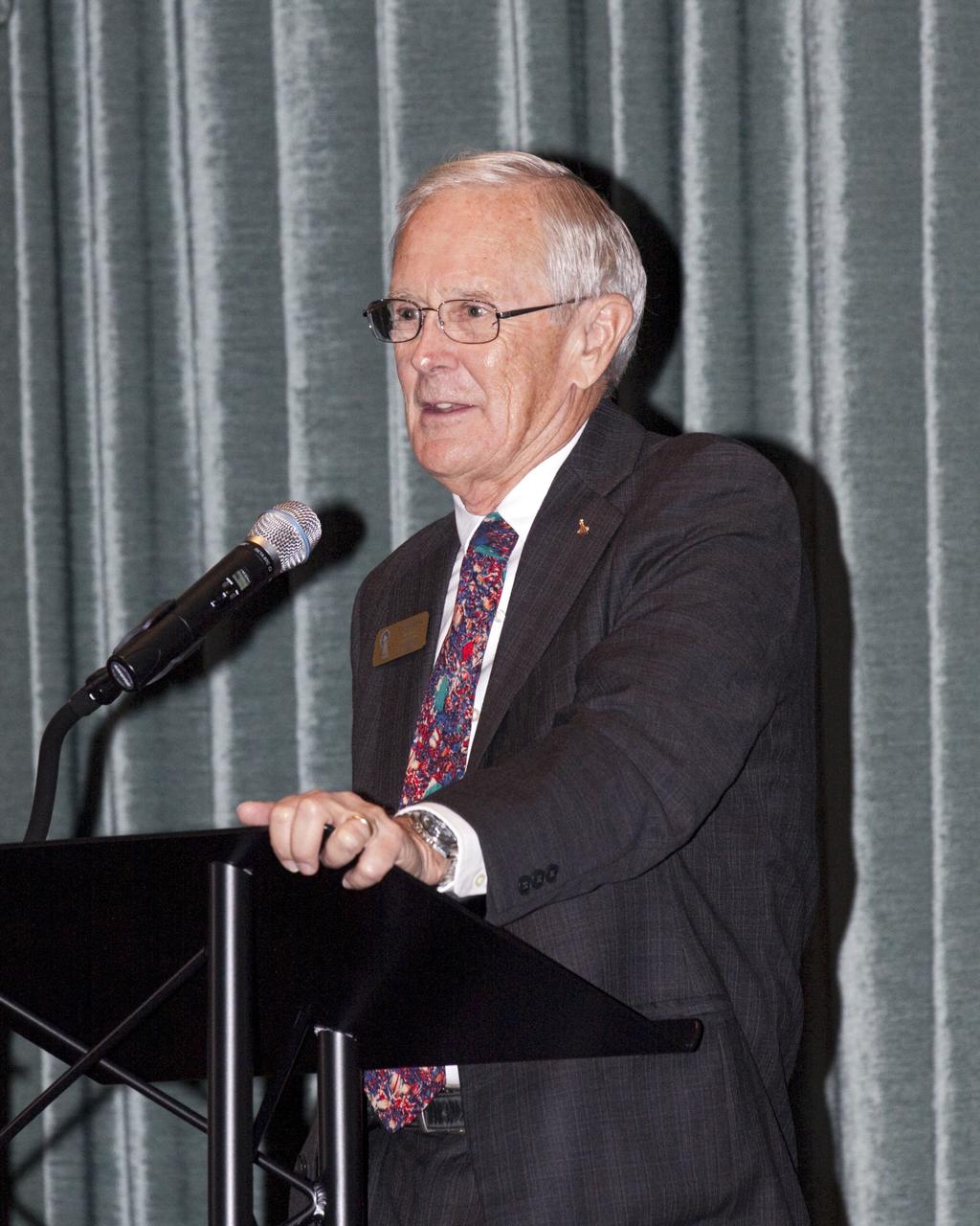 CAPE CANAVERAL, Fla. – Charles Duke, chairman of the board of directors for the Astronaut Scholarship Foundation welcomes guests who have gathered for the organization's dinner at the Radisson Resort at the Port in Cape Canaveral celebrating the 40th anniversary of Apollo 17.  The gala commemorating the anniversary of Apollo 17 included mission commander Eugene Cernan and other astronauts who flew Apollo missions. Launched Dec. 7, 1972, Cernan and lunar module pilot Harrison Schmitt landed in the moon's Taurus-Littrow highlands while command module pilot Ronald Evans remained in lunar orbit operating a scientific instrument module. For more information, visit http://www-pao.ksc.nasa.gov/history/apollo/apollo-17/apollo-17.htm Photo credit: NASA/Kim Shiflett