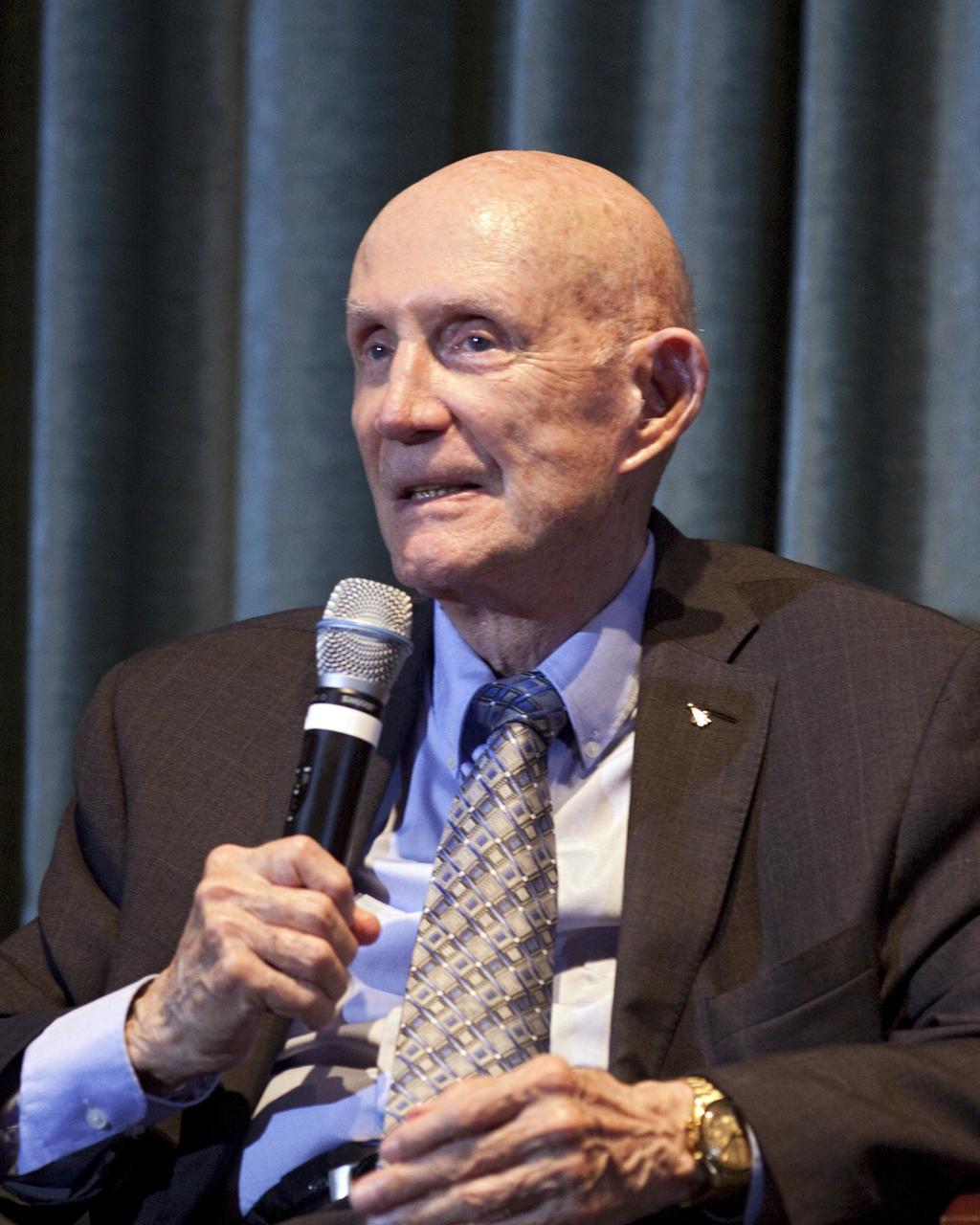 CAPE CANAVERAL, Fla. – Gemini 6 and 9, as well as Apollo 10 and Apollo-Soyuz astronaut Thomas Stafford speaks to guests gathered for the Astronaut Scholarship Foundation's dinner at the Radisson Resort at the Port in Cape Canaveral celebrating the 40th anniversary of Apollo 17.  The gala commemorating the anniversary of Apollo 17 included mission commander Eugene Cernan and other astronauts who flew Apollo missions. Launched Dec. 7, 1972, Cernan and lunar module pilot Harrison Schmitt landed in the moon's Taurus-Littrow highlands while command module pilot Ronald Evans remained in lunar orbit operating a scientific instrument module. For more information, visit http://www-pao.ksc.nasa.gov/history/apollo/apollo-17/apollo-17.htm Photo credit: NASA/Kim Shiflett