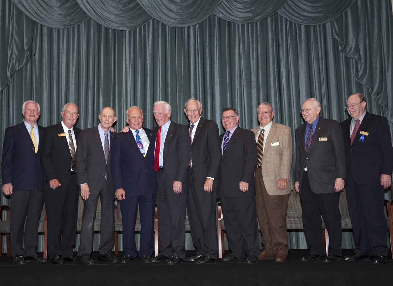 CAPE CANAVERAL, Fla. – Apollo astronauts, from the left, David Scott, James McDivitt, Thomas Stafford, Buzz Aldrin, Eugene Cernan, Charles Duke, Richard Gordon, Fred Haise, Alan Bean and Edgar Mitchell participated in the Astronaut Scholarship Foundation's dinner at the Radisson Resort at the Port in Cape Canaveral celebrating the 40th anniversary of Apollo 17.  The gala commemorating the anniversary of Apollo 17 included mission commander Eugene Cernan and other astronauts who flew Apollo missions. Launched Dec. 7, 1972, Cernan and lunar module pilot Harrison Schmitt landed in the moon's Taurus-Littrow highlands while command module pilot Ronald Evans remained in lunar orbit operating a scientific instrument module. For more information, visit http://www-pao.ksc.nasa.gov/history/apollo/apollo-17/apollo-17.htm Photo credit: NASA/Kim Shiflett