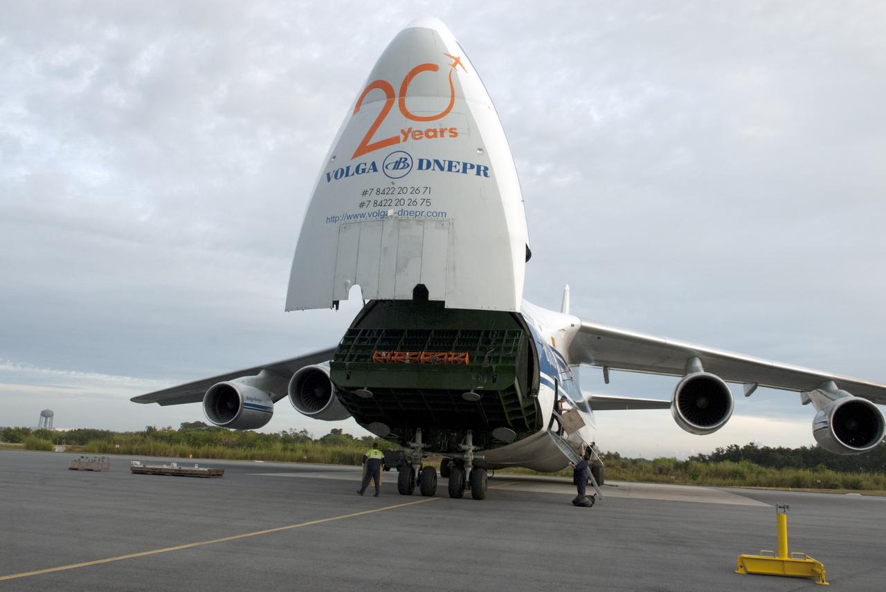 CAPE CANAVERAL, Fla. -- A Ukrainian Antonov-124 transport aircraft arrives at Cape Canaveral Air Force Station in Florida with the first stage of the Atlas V rocket that will carry the Tracking and Data Relay Satellite, TDRS-K, into orbit. The booster stage, arriving from the United Launch Alliance manufacturing plant in Decatur, Ala., will be taken to the hangar at the Atlas Spaceflight Operations Center at Cape Canaveral to begin processing. Launch of the TDRS-K on the Atlas V rocket is planned for January 2013 from Space Launch Complex 41. The TDRS-K spacecraft is part of the next-generation series in the Tracking and Data Relay Satellite System, a constellation of space-based communication satellites providing tracking, telemetry, command and high-bandwidth data return services. For more information, visit http://tdrs.gsfc.nasa.gov/ Photo credit: NASA/Charisse Nahser