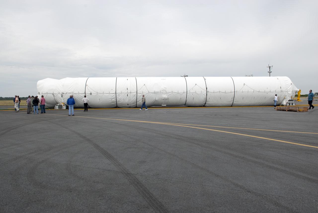 CAPE CANAVERAL, Fla. -- The first stage of the Atlas V rocket that will carry the Tracking and Data Relay Satellite, TDRS-K, into orbit has been off loaded from a Ukrainian Antonov-124 transport aircraft after its arrival at Cape Canaveral Air Force Station in Florida. The booster stage was delivered from the United Launch Alliance manufacturing plant in Decatur, Ala., and will be taken to the hangar at the Atlas Spaceflight Operations Center at Cape Canaveral to begin processing. Launch of the TDRS-K on the Atlas V rocket is planned for January 2013 from Space Launch Complex 41. The TDRS-K spacecraft is part of the next-generation series in the Tracking and Data Relay Satellite System, a constellation of space-based communication satellites providing tracking, telemetry, command and high-bandwidth data return services. For more information, visit http://tdrs.gsfc.nasa.gov/ Photo credit: NASA/Charisse Nahser