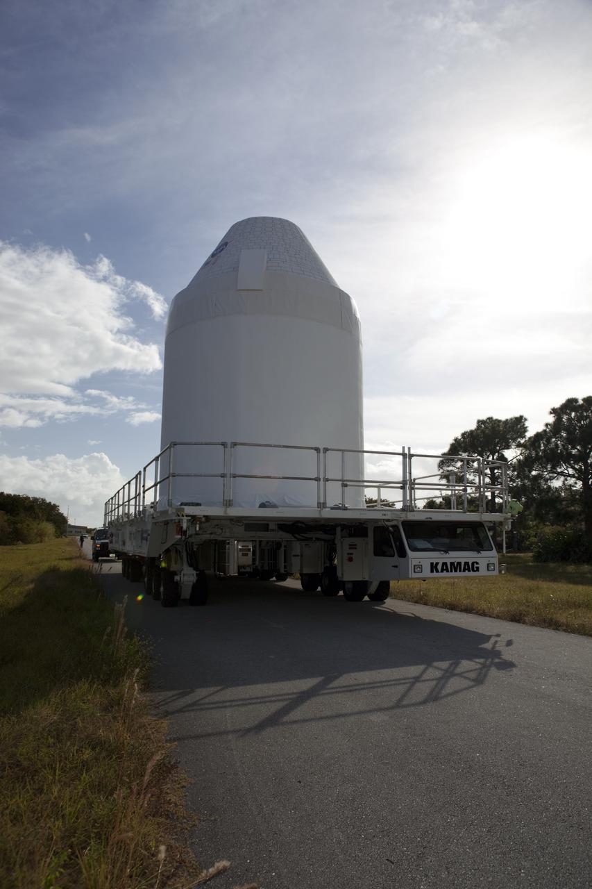 CAPE CANAVERAL, Fla. – A full-size test mock-up of the spacecraft is being transferred to the Multi-Payload Processing Facility, or MPPF, at NASA's Kennedy Space Center in Florida to test the path flight hardware will take during future launch processing. Orion is the exploration spacecraft designed to carry crews to space beyond low Earth orbit. It will provide emergency abort capability, sustain the crew during the space travel and provide safe re-entry from deep space return velocities. The first unpiloted test flight of the Orion is scheduled to launch in 2014 atop a Delta IV rocket and in 2017 on a Space Launch System rocket. For more information, visit http://www.nasa.gov/orion Photo credit: NASA/Dimitri Gerondidakis