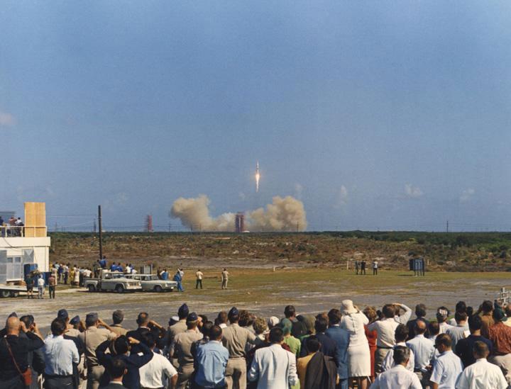 View of Press Site 2, CCAFS, during launch of Apollo 8, October 11, 1968