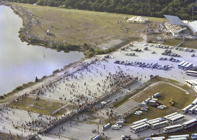 Aerial view of Press Site on April 10, 1981, as media and others wait for the launch of STS-1, which was eventually scrubbed. (Lift-off occurred two days later, April 12, 1981.)